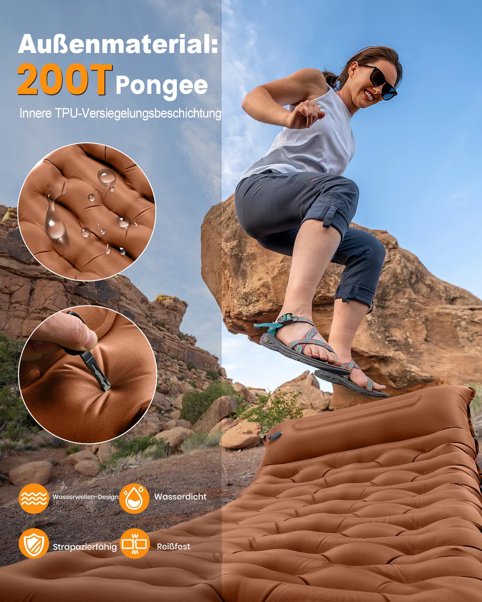JasGood Isomatte Camping 15CM Ultraleicht Camping Luftmatratze mit Kissen und Fußpumpe Aufblasbare Matratze Kompakte Leichte Schlafmatte für Wandern Reisen Zelt Strand,Braun