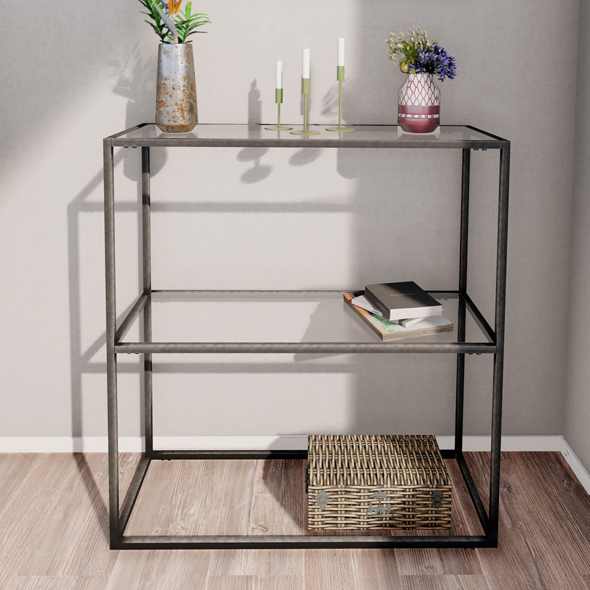 [en.casa] Mesa Consola con Estante Adicional Mueble de Entrada para Salón Recibidor Resistente a los Arañazos Metal Cristal Templado 85 x 80 x 30 cm - Negro y Transparente