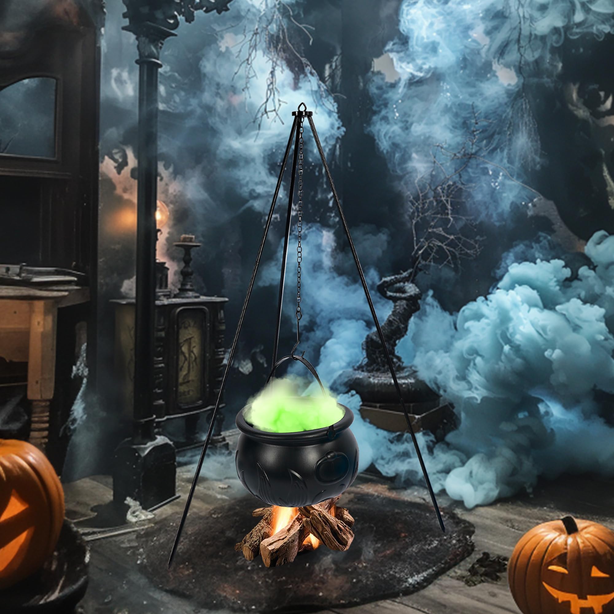 Dazzle Bright Halloween Cauldron Decorations Outdoor, Witches Cauldron on Tripod with Green Lights, Black Witches Bowl Candy Bucket for Halloween Party Indoor Porch Outdoor Yard Decor