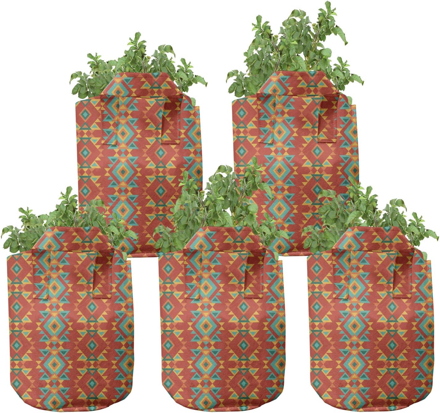Ambesonne Boho Grow Bags 5-Pack, Retro Inspirations, Heavyduty Fabric Pots with Handles for Plants, 5 Gallon, Multicolor