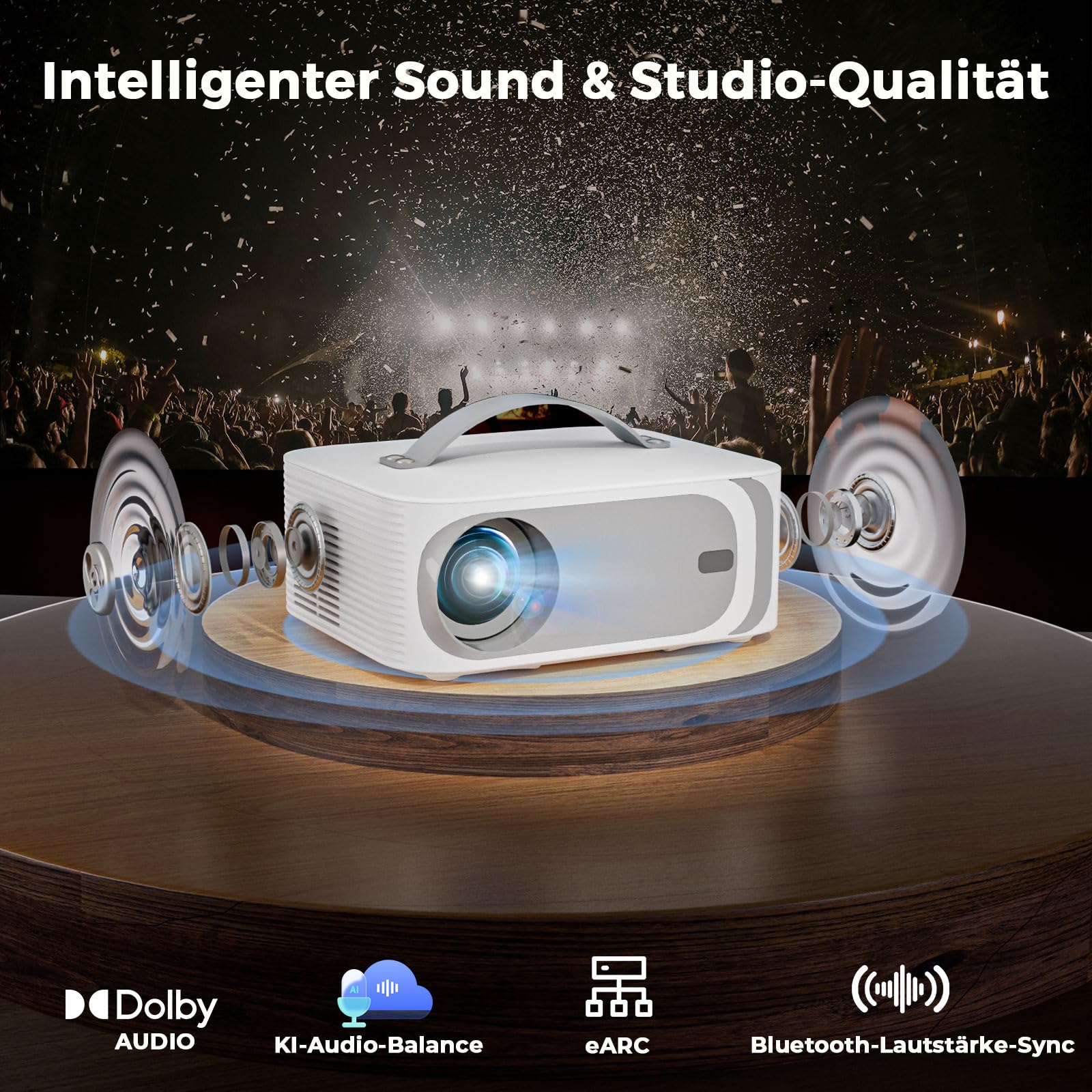 Beamer-Outdoor | Kompatibel mit Netflix Dolby Audio | 1600 ANSI Lisowod HDR10 4K Heimkino | EARC CEC | Auto Fokus & Trapezkorrektur Smart Projektor|Bluetooth 5.4 WiFi6 | Für Familienkino und WM-Party