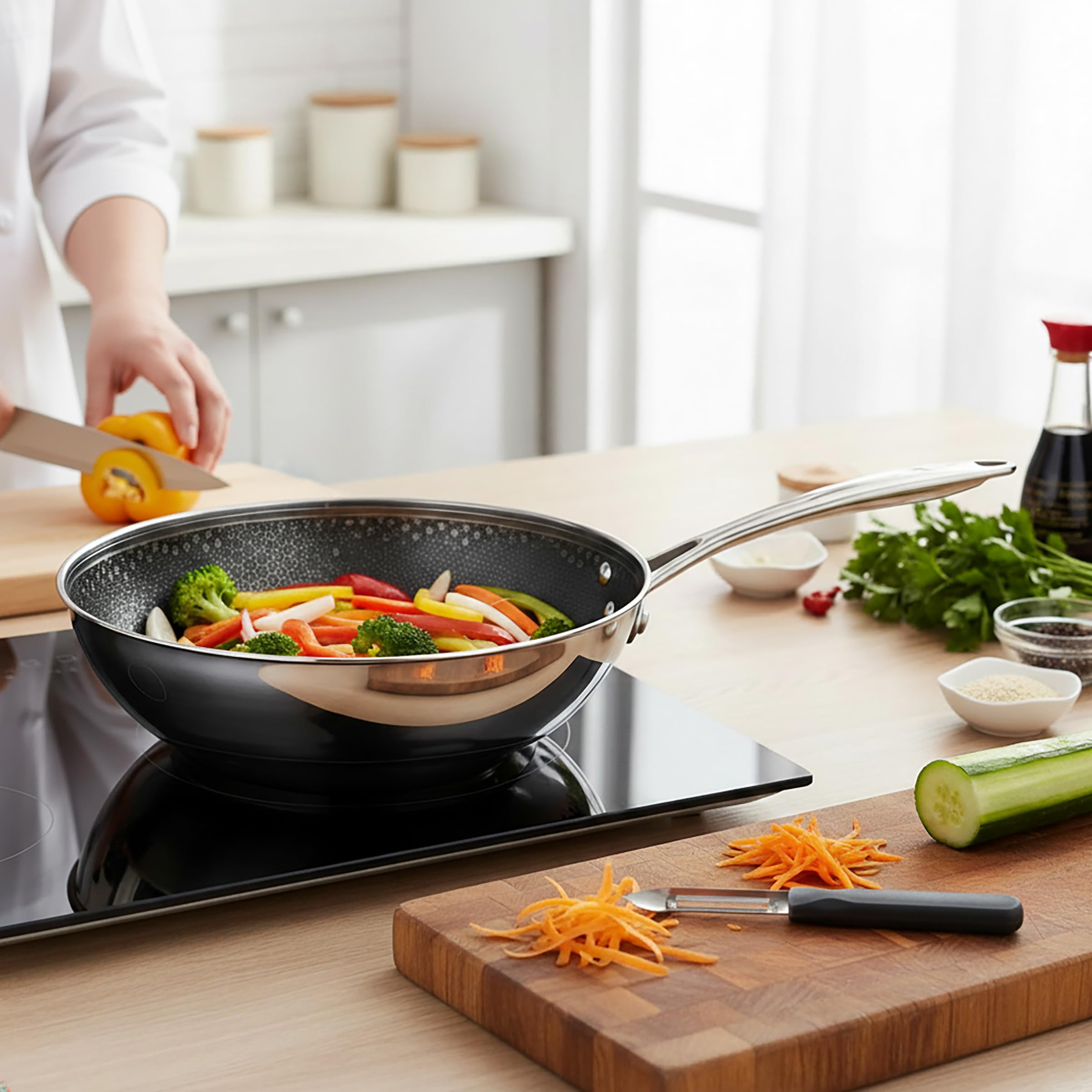 CUISINOX - Virtuo - Wok 24 cm i szara obieraczka - Triply, nieprzywierająca powłoka o strukturze plastra miodu - Kompatybilny ze wszystkimi kuchenkami indukcyjnymi - Wykończenie satynowe - Bez PFOA i