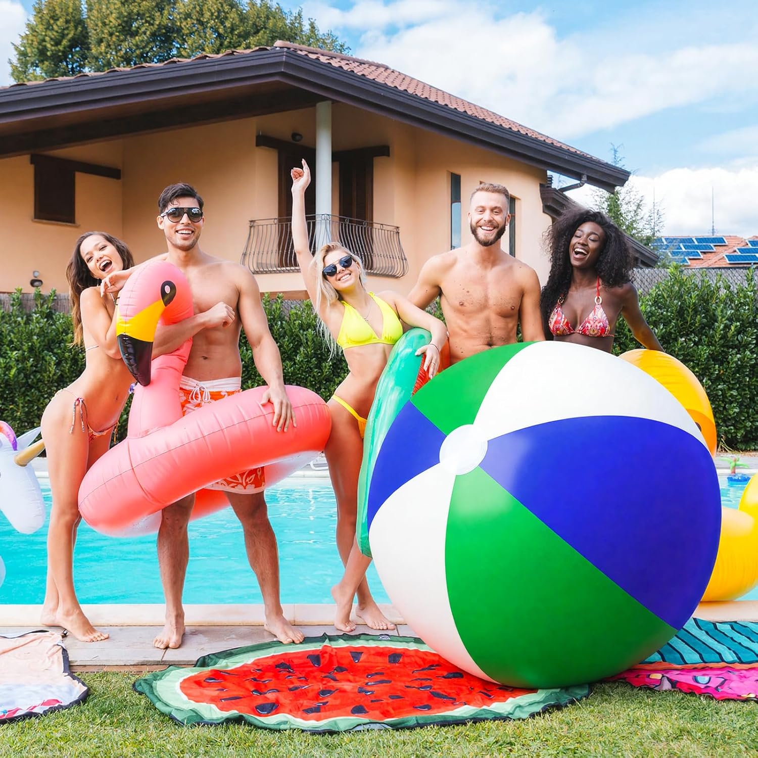 Zhanmai 2 Pieces 48 Inch Giant Inflatable Beach Ball Jumbo Rainbow Color Beachballs Blow up Huge Plastic Inflatable Balls for Kids Adults Water Games Summer Pool Swimming Party