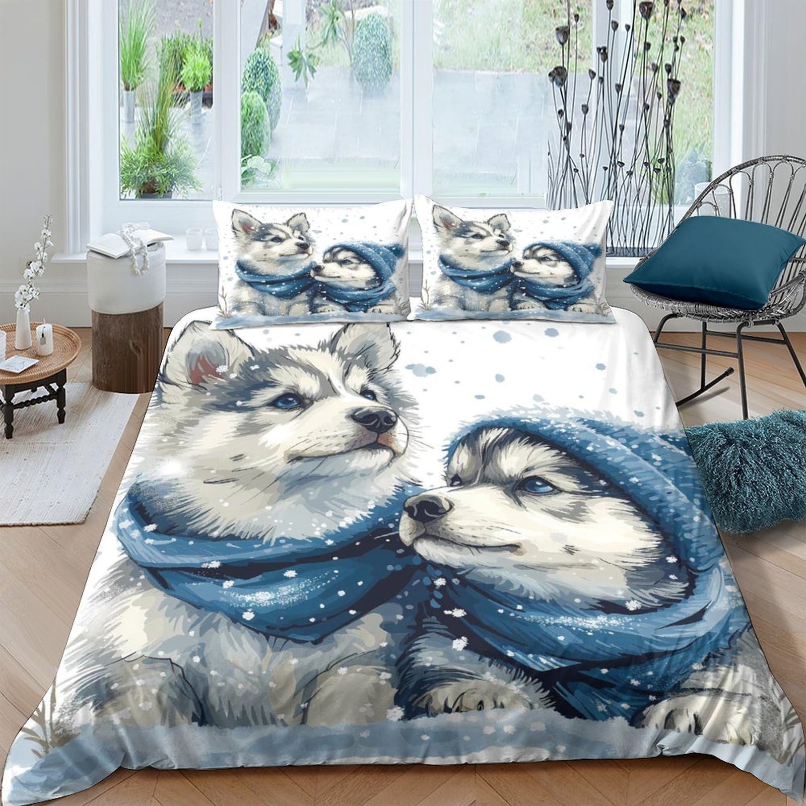 Ctjqhvkz Style-8 3D Printed Husky Dog Fitted Sheet Microfiber Soft Blue Winter Snow Mattress Cover For Bedroom Guest Room Decor Single（135X200cm）