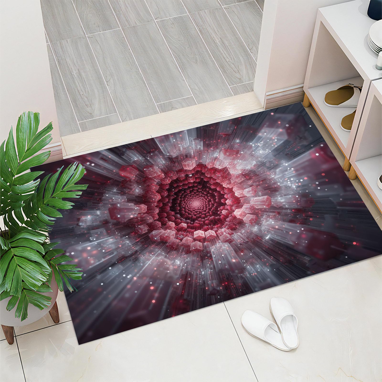 90 x 150 cm, paillasson d'entrée intérieur et extérieur, Tapis à Abstraction 3D Modèle d'explosion, Tapis de Sol résistant à la décoloration, Profil Bas, Facile à nettoyerrouge