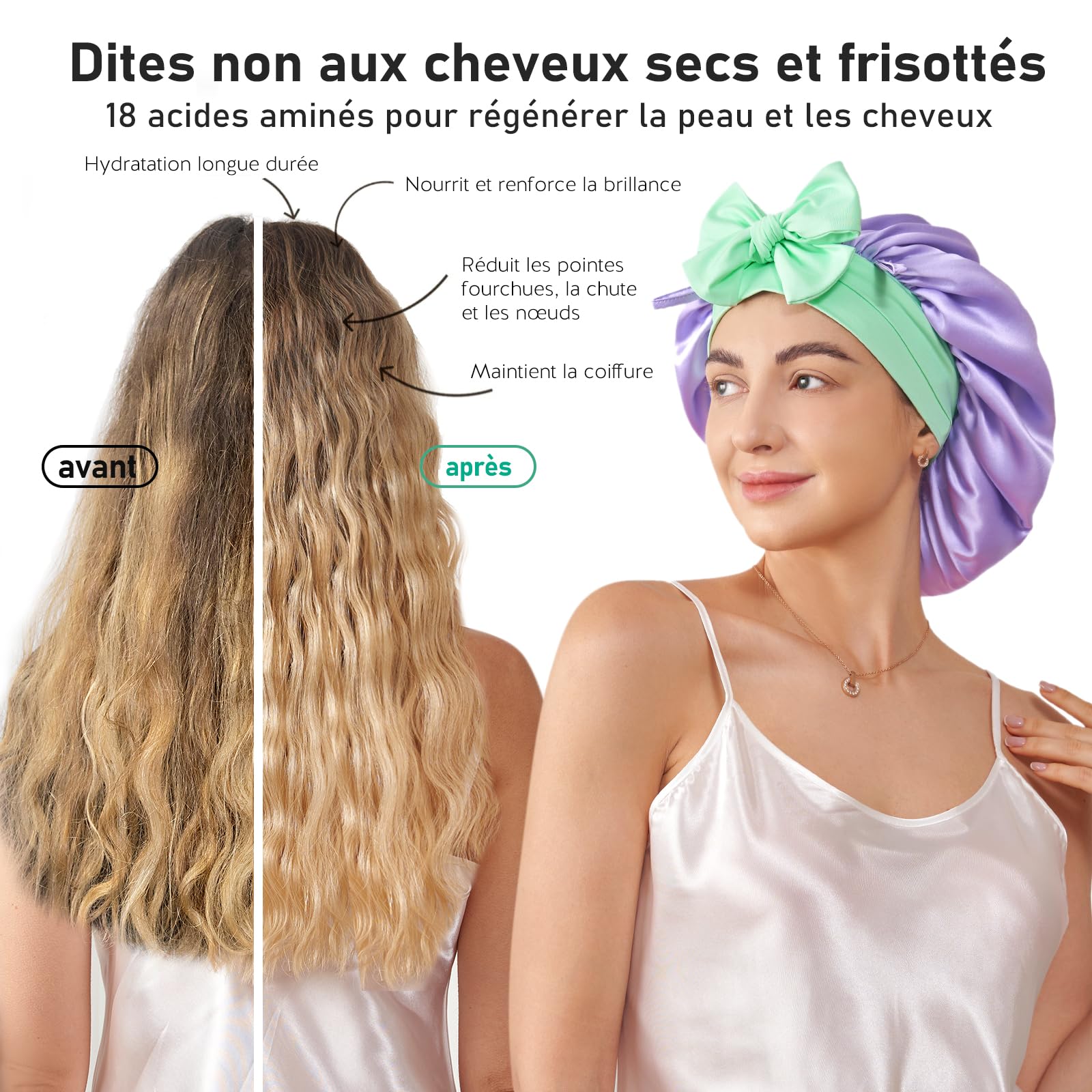 LitBear Bonnet de Nuit 100% Soie Mûrier pour Femmes, 6A 22 Momme, Grand Cache-Cheveux en Soie à Double Couche avec Bande à Nouer, Turban en Soie Antidérapant