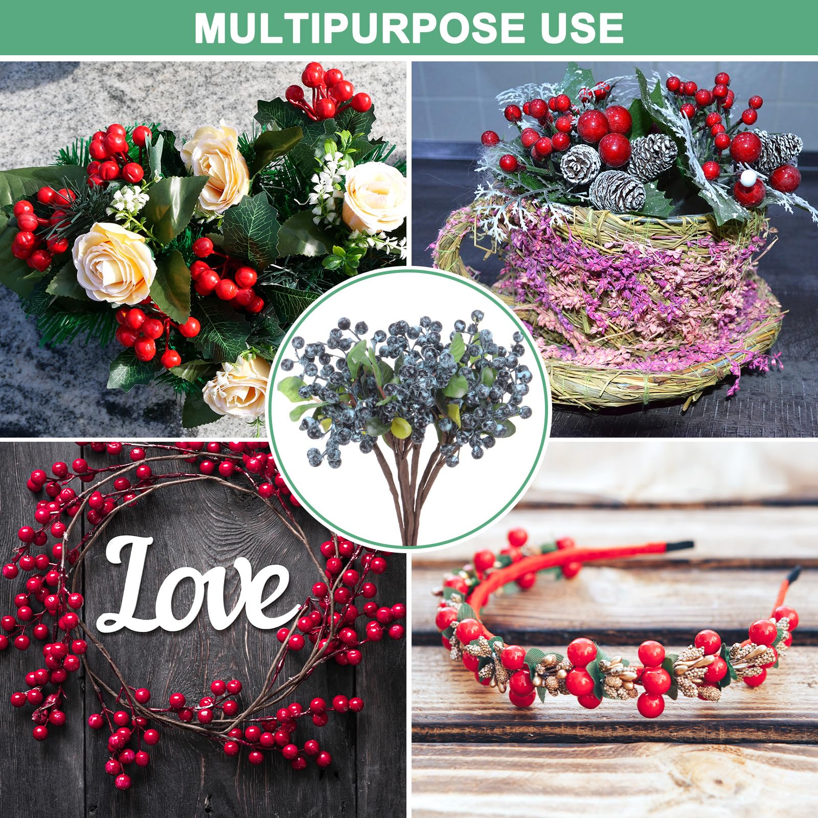 M METERXITY 6-Pack Artificial Holly Berries – 9.8 Inch Faux Frosted Blueberry Stems For Christmas & Home Decor - View #7