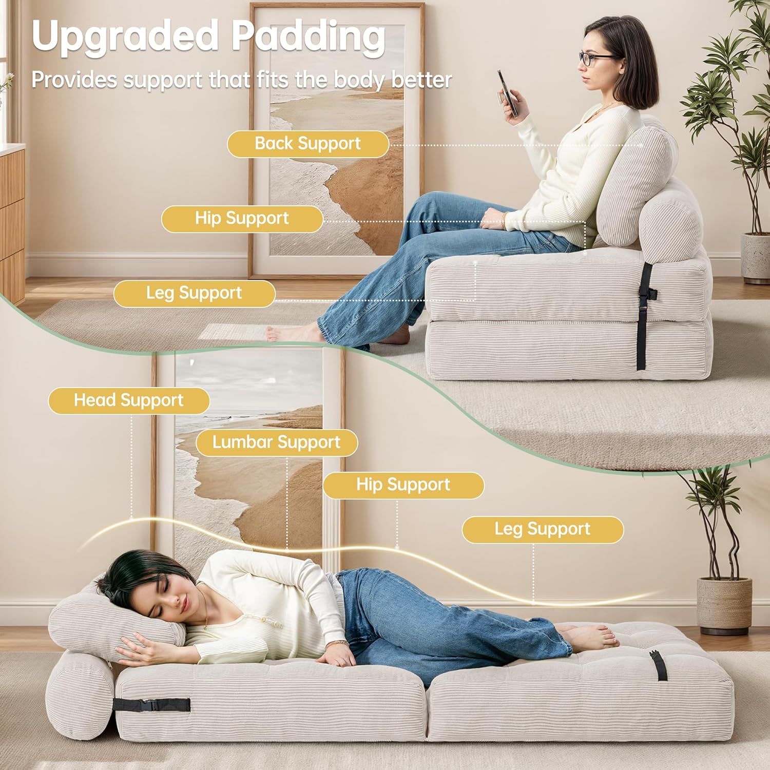 Folding Sofa Bed, Convertible Sleeper Chair Bed, Floor Couch for Adults with Back Support and Pillow, Comfy Floor Sofa Lounge for Small Spaces, Beige