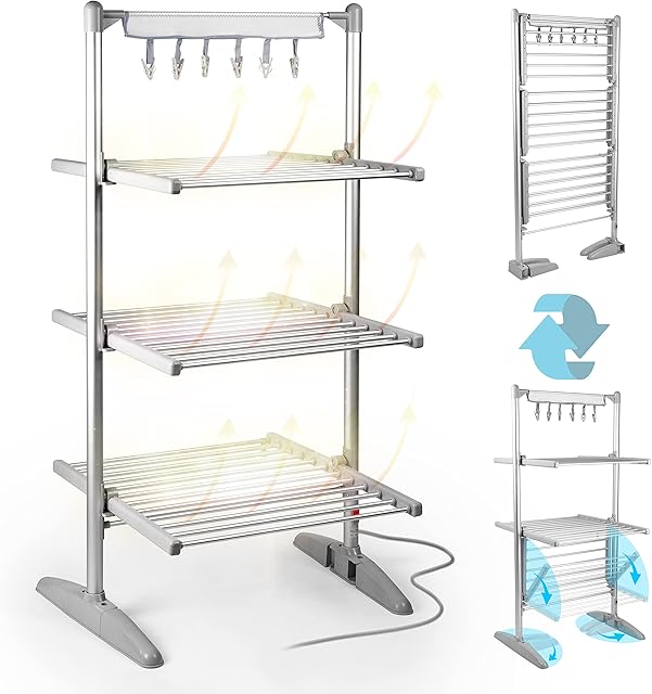 Duronic Clothes Drying Rack CA30, 3 Tier Foldable Clothes Dryer, Electric Clothes Horse with Heated Rails, Tall Large Folding Laundry Airer, Quickly Dries Garments, 36 Rails, Energy Efficient