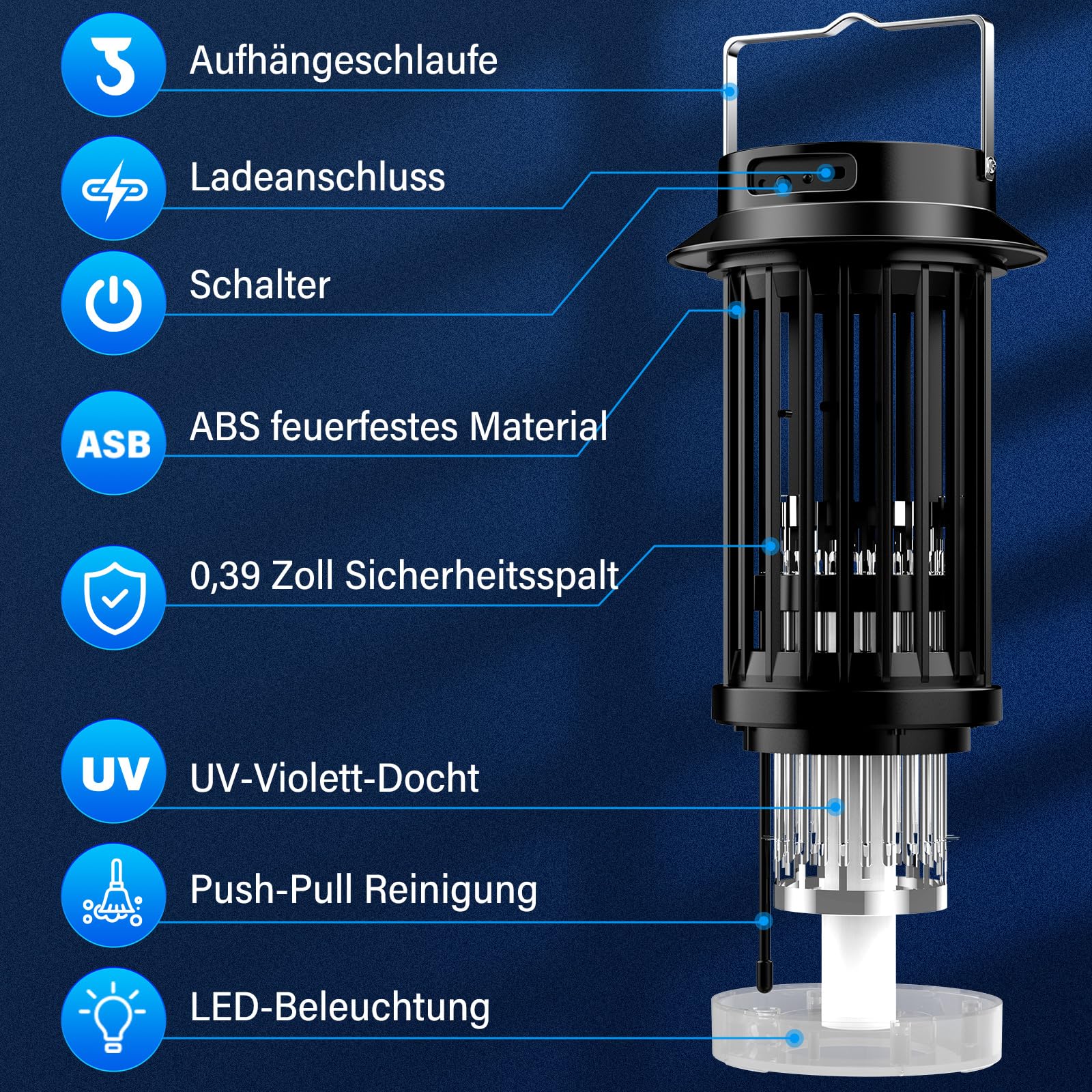 PALONE Insektenvernichter Elektrischer mit LED-Lampe, 3 in 1 Tragbarkeit USB-C Insektenvernichter, UV DC Elektrisch Mückenlampe, Praktische Geschenke für den Garten, Camping und Picknicks im Freien