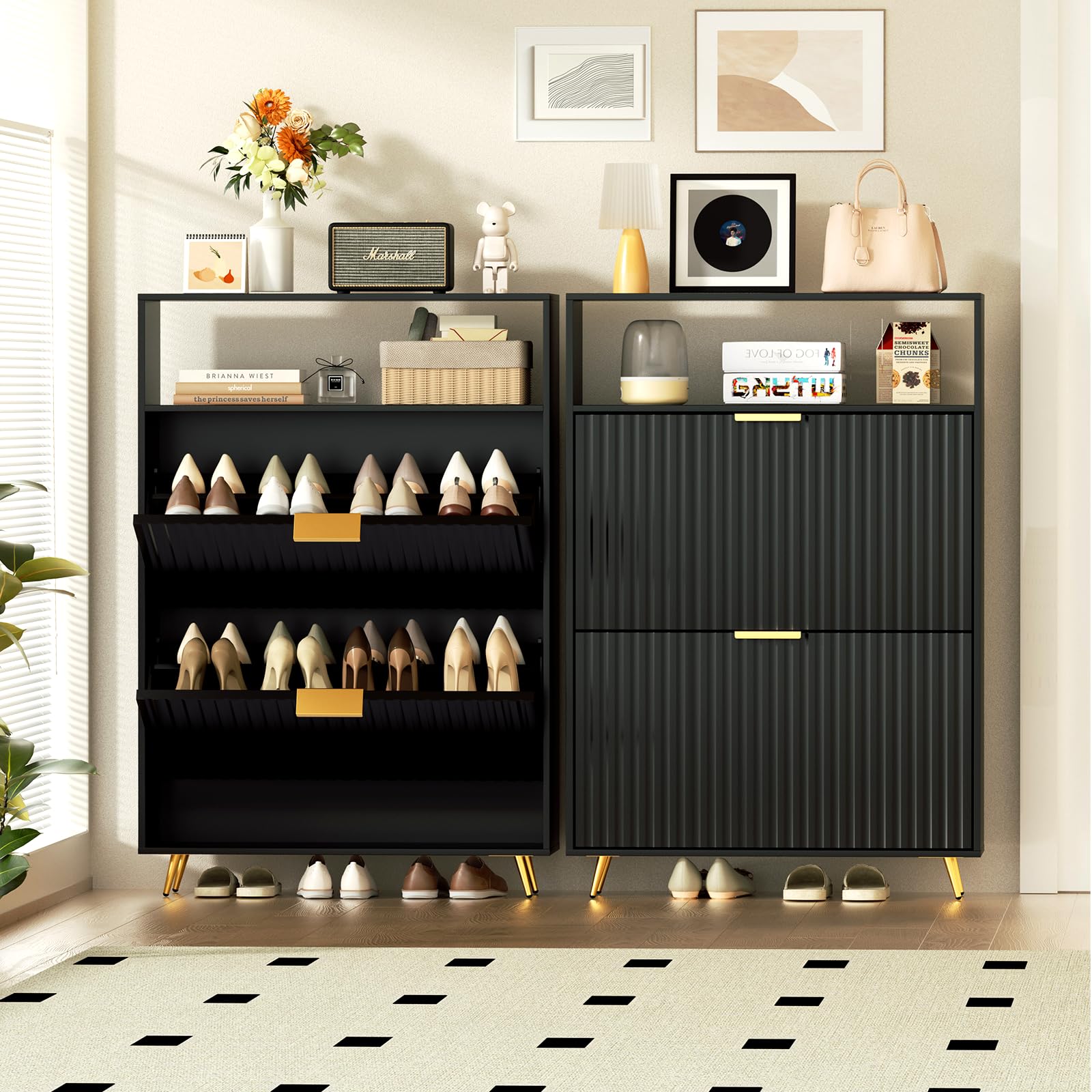 Urban Deco Schuhschrank Schwarz, 75 x 24 x 116 cm, Schuhkipper mit 2 Klappen, Schuhregal Schmal mit Metallfüßen, Schuhschrank Holz für Eingangsbereich, Flur, Schwarz