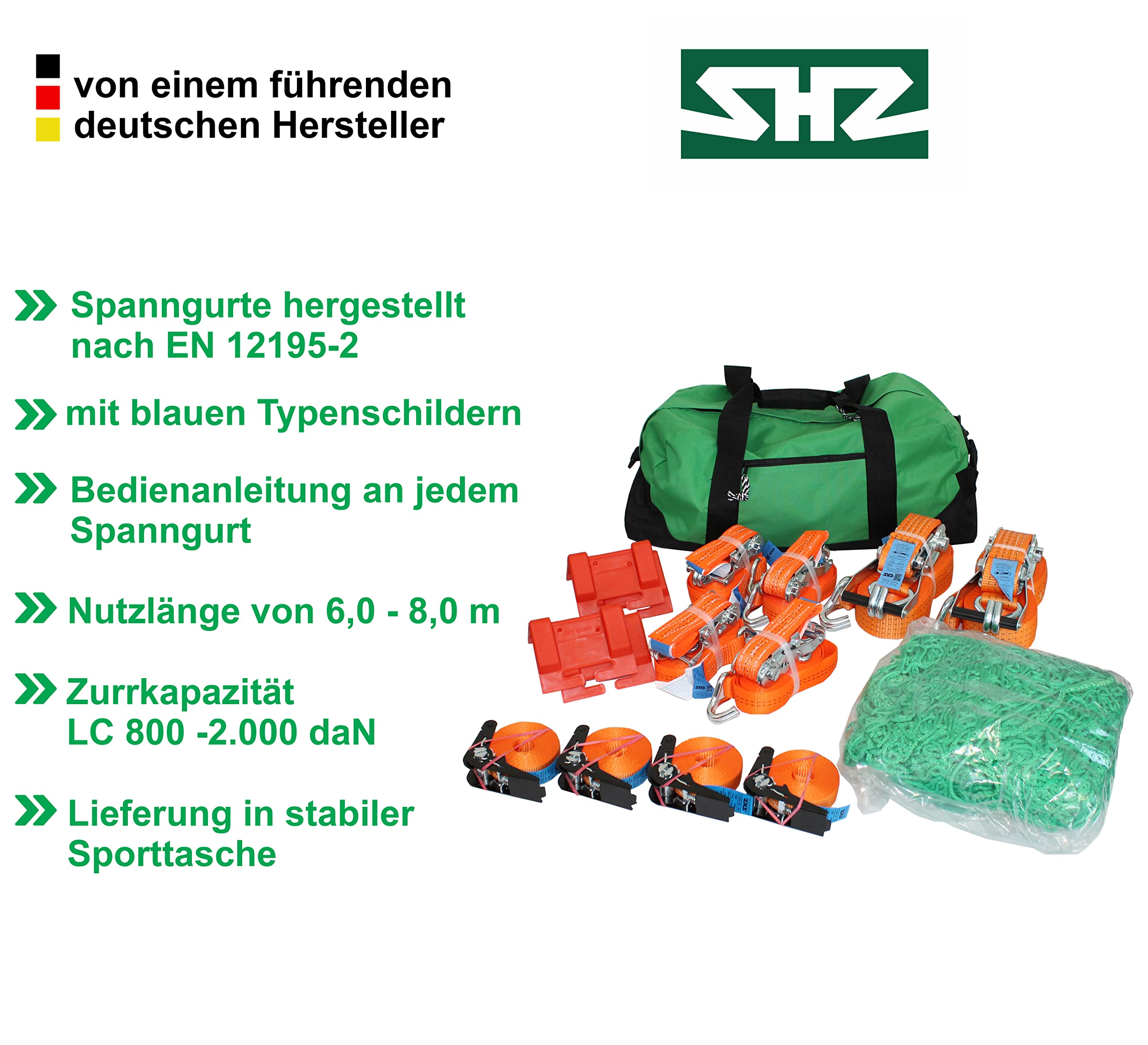 Ladungssicherung Set 16-teilig ideal für Handwerker Spanngurte Set Spanngurt 4t Kantenschutzwinkel Abdecknetz Umreifungsgurt (64)