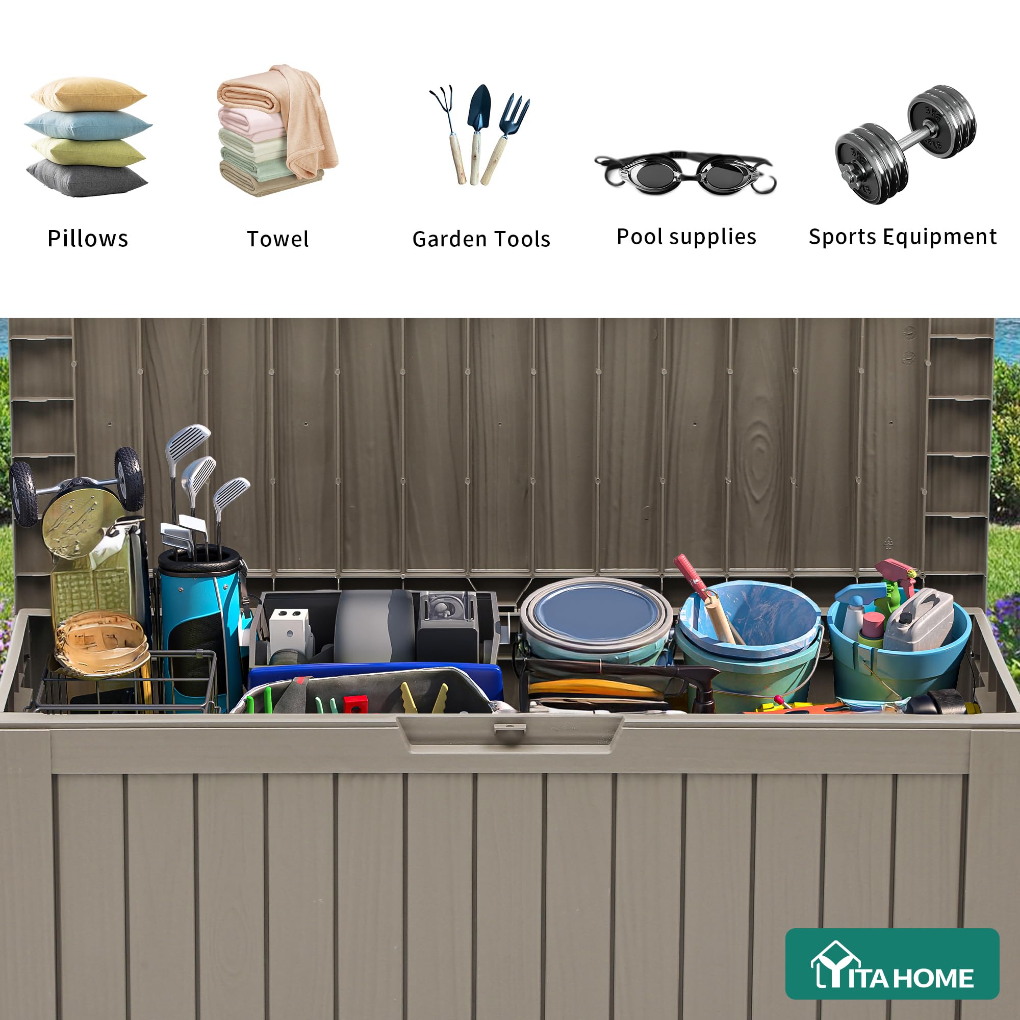 YITAHOME Outdoor-Aufbewahrungsbox mit Rollen, 270L Kunststoff-Gartenbox, Wetterfeste Aufbewahrungskiste für Kissen, Werkzeug & Poolzubehör, Abschließbar, Holzoptik, 114,7 x 46,5 x 57,6 cm, Hellbraun