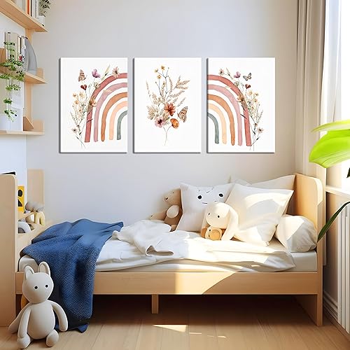Miniatura 2 de 3 piezas de lienzo enmarcado de arco iris bohemio, impresiones artísticas de pared de flores silvestres arco iris, decoración de pared para niñas,