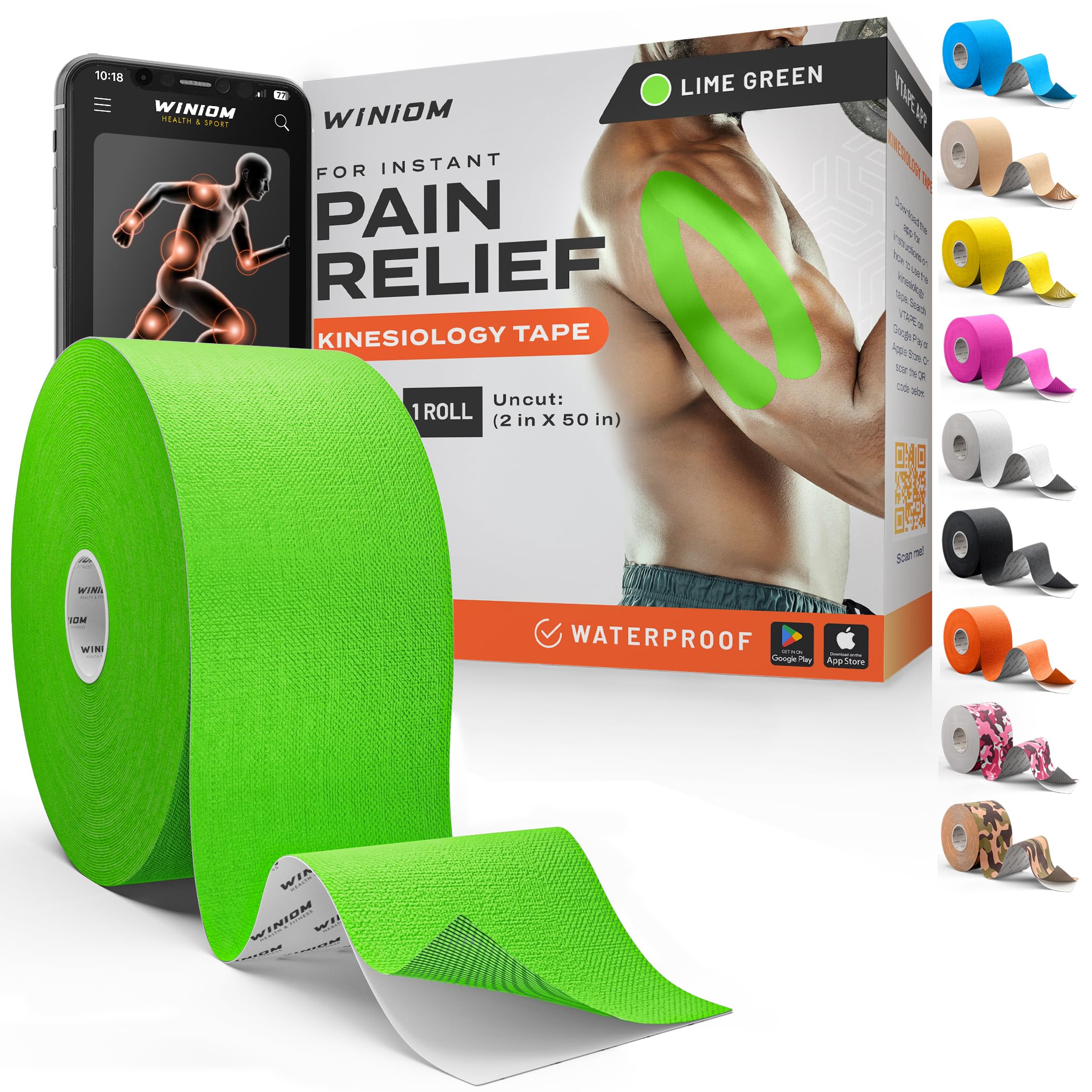 Kinesiology Tape - Waterproof Athletic Sports Tape for Knee, Shoulder, Arm &amp; Back Support | 3-5 Day Adhesion, Hypoallergenic &amp; Latex-Free + Taping Guide (Uncut, 2"x50ft Roll, Lime Green)