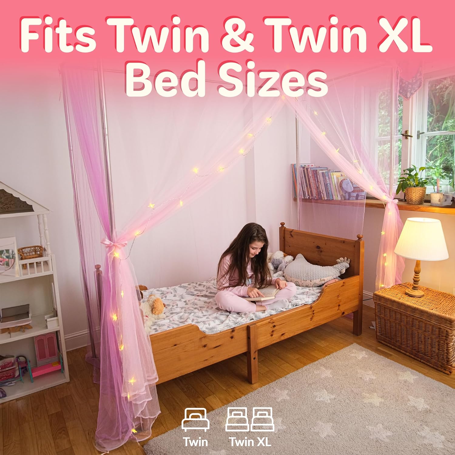 Bollepo Bed Canopy Curtains - 4 Corners (Rainbow), Pink & Purple