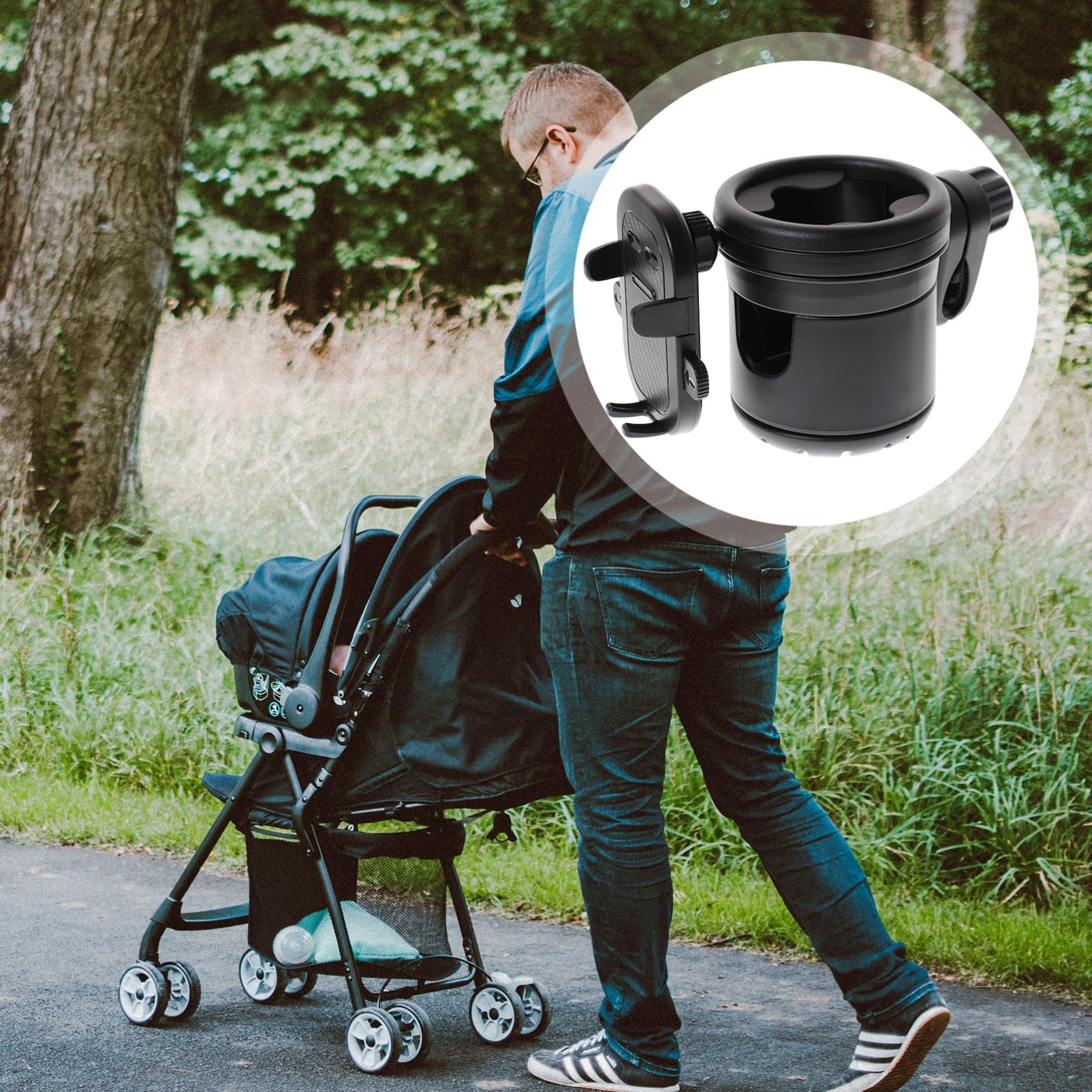 Portabicchiere per Passeggino Nero, Porta Borraccia e Tazza in Plastica e Metallo, Stabile per Bici e Scooter