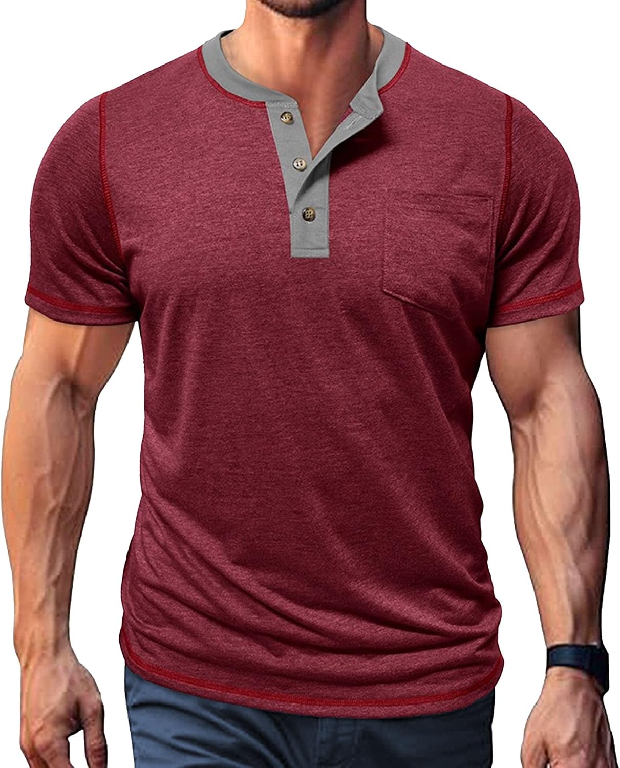 Men Contrast Color Simple Henry Shirts 3 Button Chest Pocket Short Sleeve Shirt Summer Casual Daily Pullover Tops