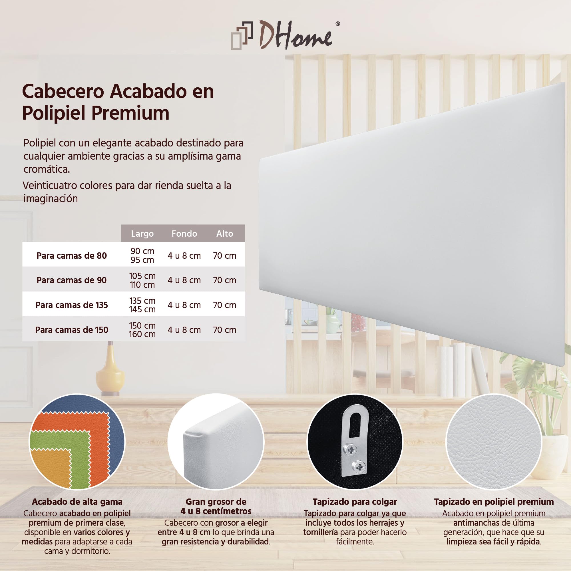 DHOME Testiera Imbottita Liscia in Similpelle Altezza 70CM Spessore 4cm e 8cm per Parete Acustica Testate Letto Pannello Fonoassorbente Camera da Letto (Similpelle Bianco, 160cm, Spessore 4cm)