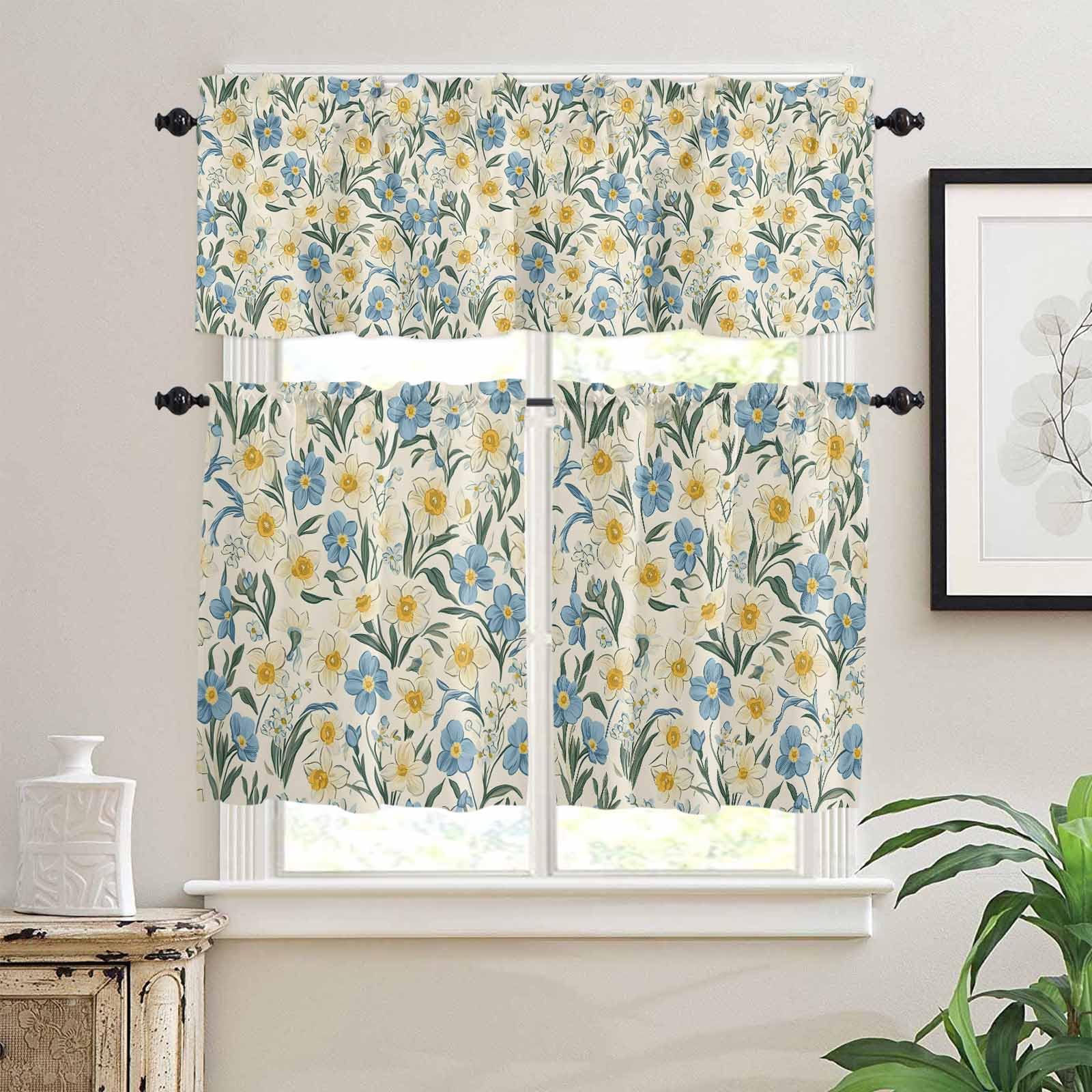 Wildflower Garden Motifs Kitchen Curtains 36 Inch Length, 3 Piece Rod Pocket Small Half Tiers and Valance Set, Daisy Spring Floral Vintage Small Large Window Treatment Decor for Bedroom/Bathroom Sink