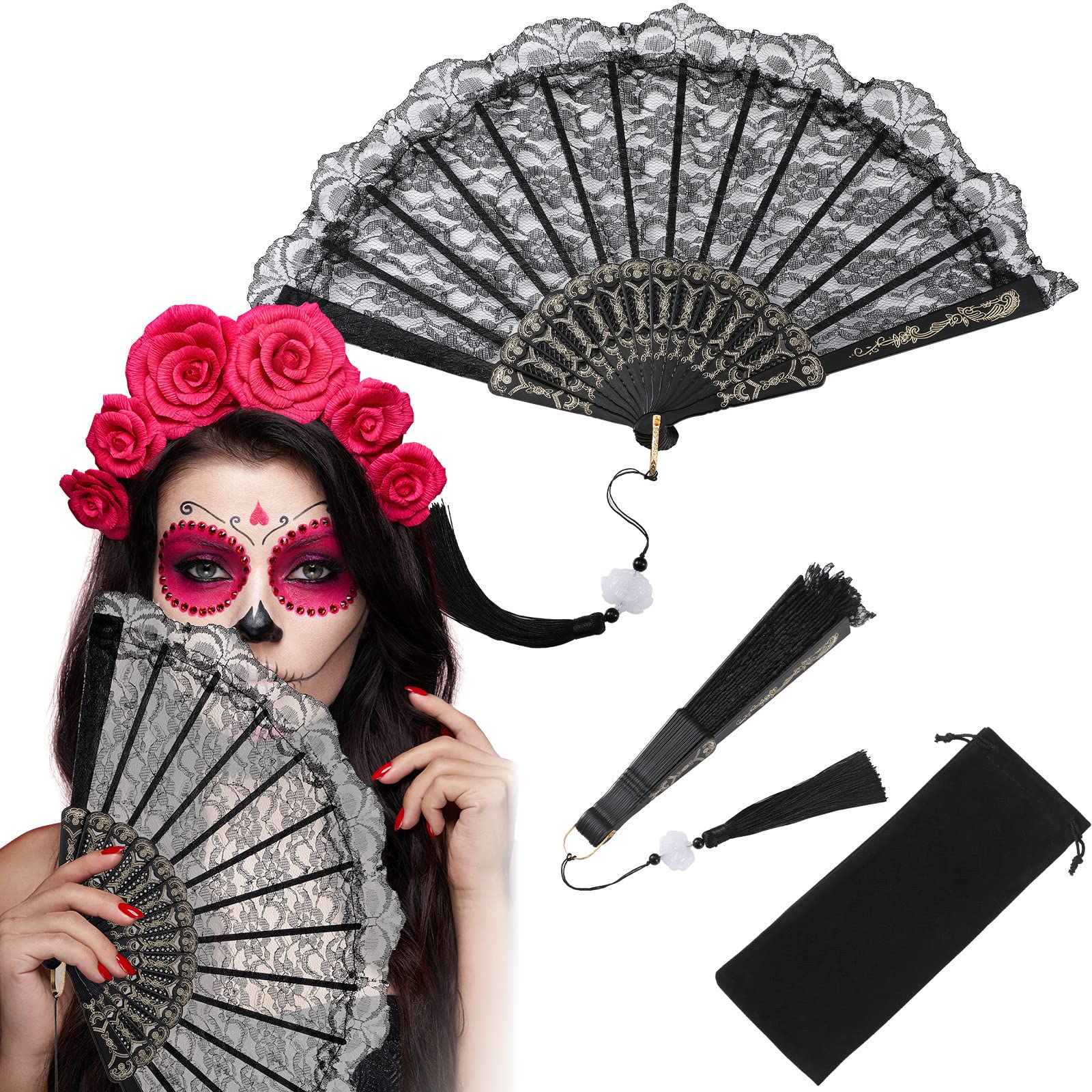 Black Lace Hand Fan Folding Wedding Fans Single Layer Foldable Fan with Tassel Plastic Spanish Handheld Foldable Rave Fan for Women Girls Halloween Dress up Costume Dancing Party Decoration, 9.5 Inch