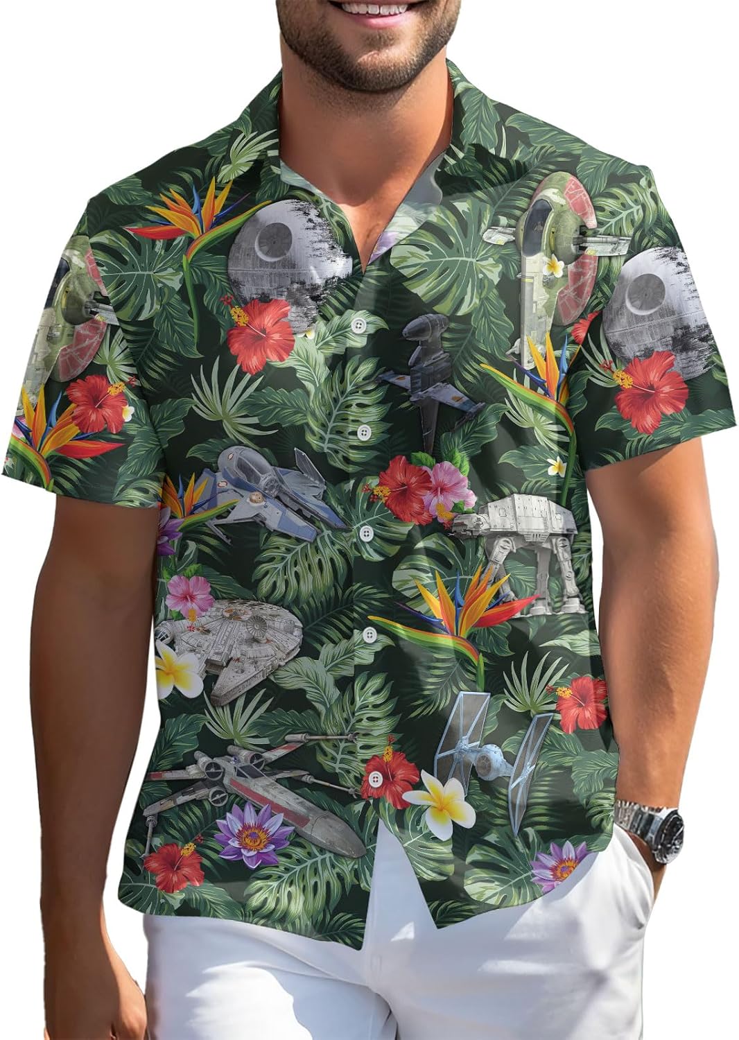 99TIMORO Wars Movie Hawaiian Shirt, Space Button Short Sleeve Top, Warship Themed