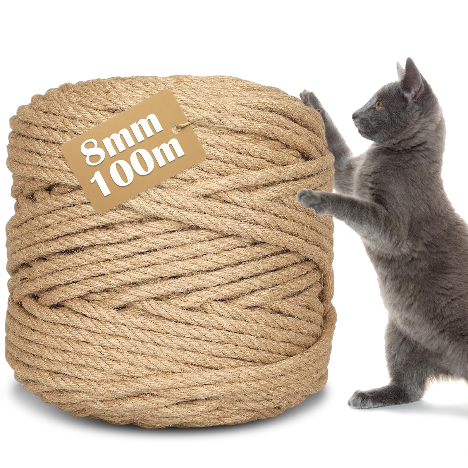 Corde en Sisal pour Arbre à Chat de 8mm x 100m, Corde en Chanvre Naturel pour Chat Scratch Pilier, DIY Décoration de Jardin et Maison, Réparation et Remplacement
