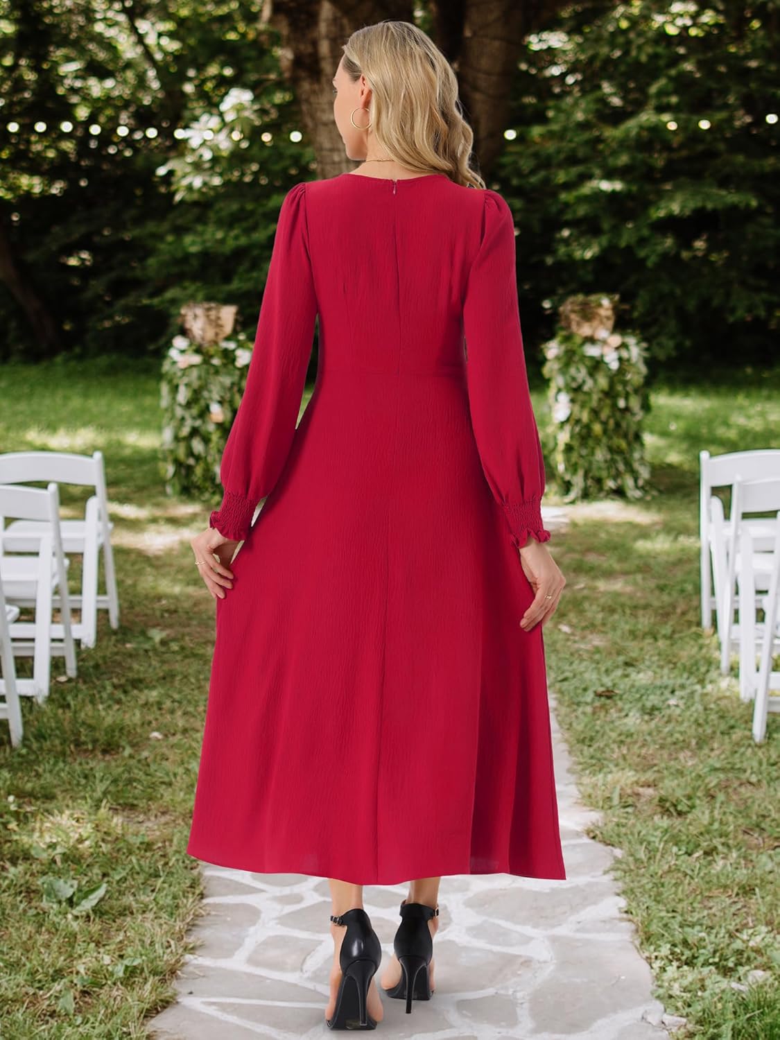 Seta T Women's Elegant Frilled Crewneck Midi Dress Long Sleeve Pleated A-Line Flowy Casual Dresses with Pockets, Medium - Image 5