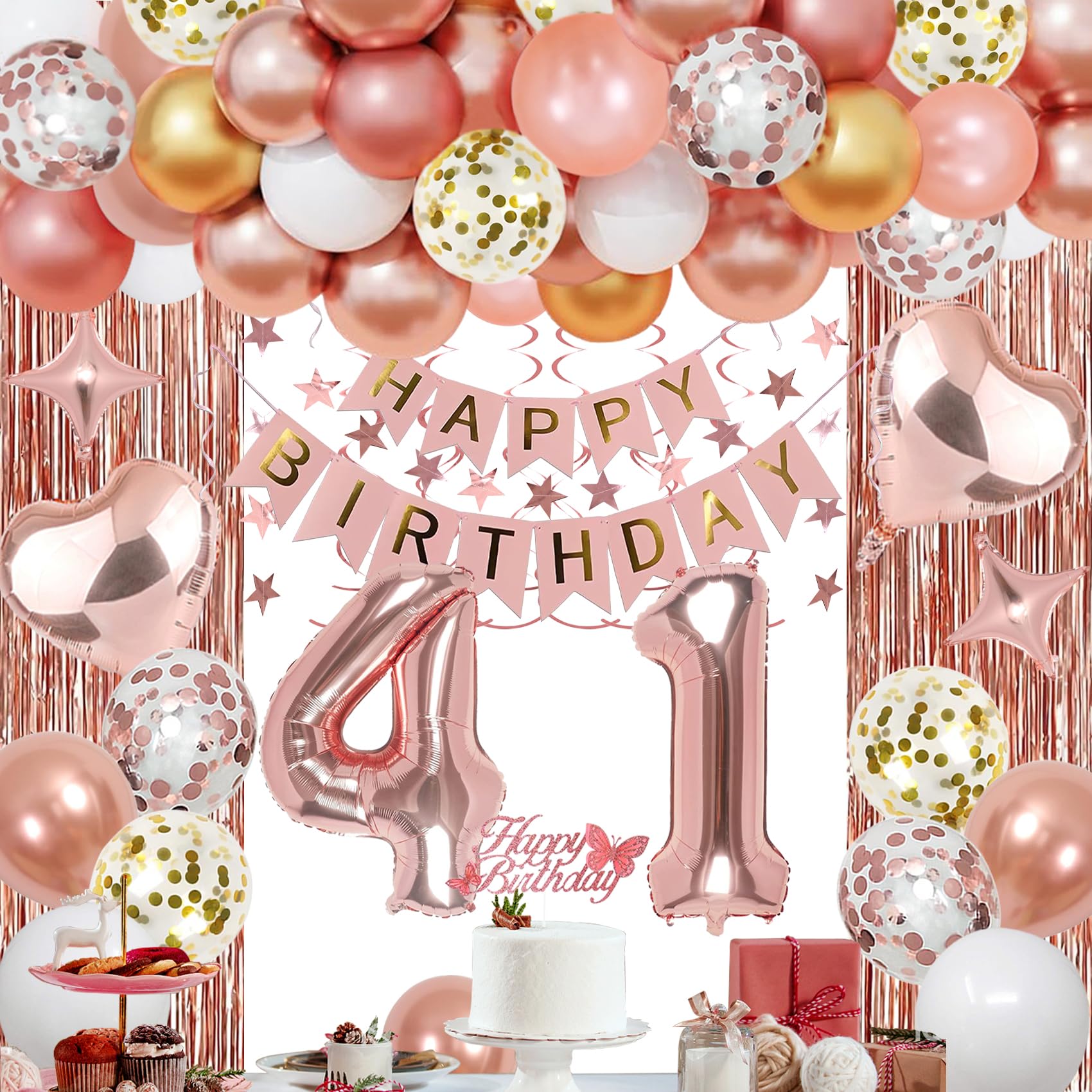 41st Rose Gold Birthday Party Decorations for Women, Rose Gold Happy Birthday Banner, Fringe Curtains, Heart Foil Balloons, Confetti Balloons, Cake