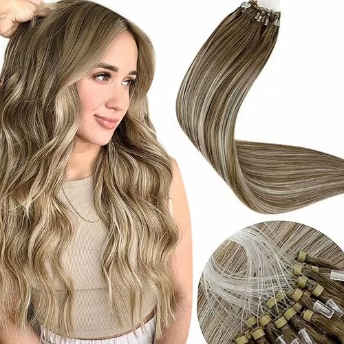 LaaVoo Micro Link Hair Extensions Balayage Micro Loop Human Hair Extensions Ombre Ash Brown Fading to Platinum Blonde Micro Ring Hair Extensions Human Hair Silky Straight 50g/50s 22inch