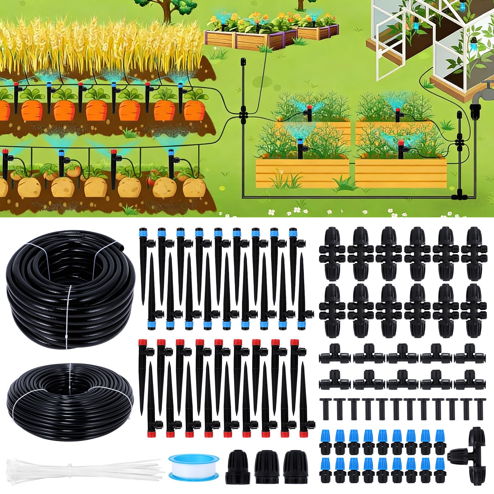 Kit di irrigazione a goccia da 90 m, sistema di irrigazione automatico da giardino, con tubo da 2,5 m, tubo di distribuzione da 6,3 m e accessori per giardino, prato, serra, piante, aiuola