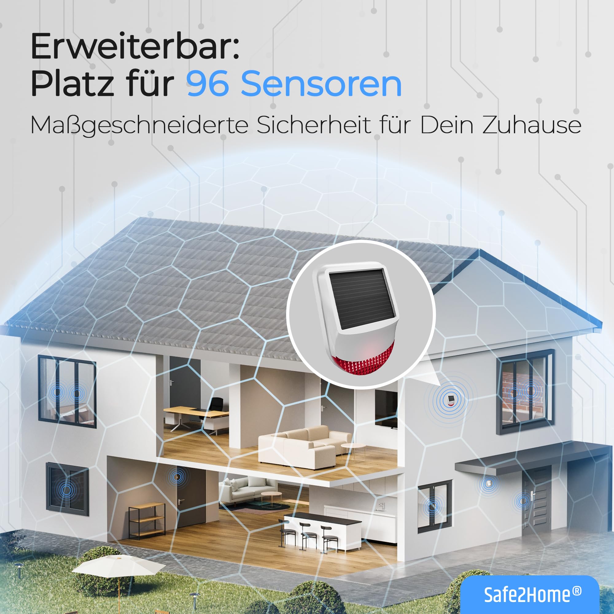 Safe2Home® Sistema de alarma inalámbrico para casa, gran set SP310 con sirena solar, código de cambio, canales cambiantes, base certificada por TÜV-Rheinland, sistema de alarma WiFi con aplicación y