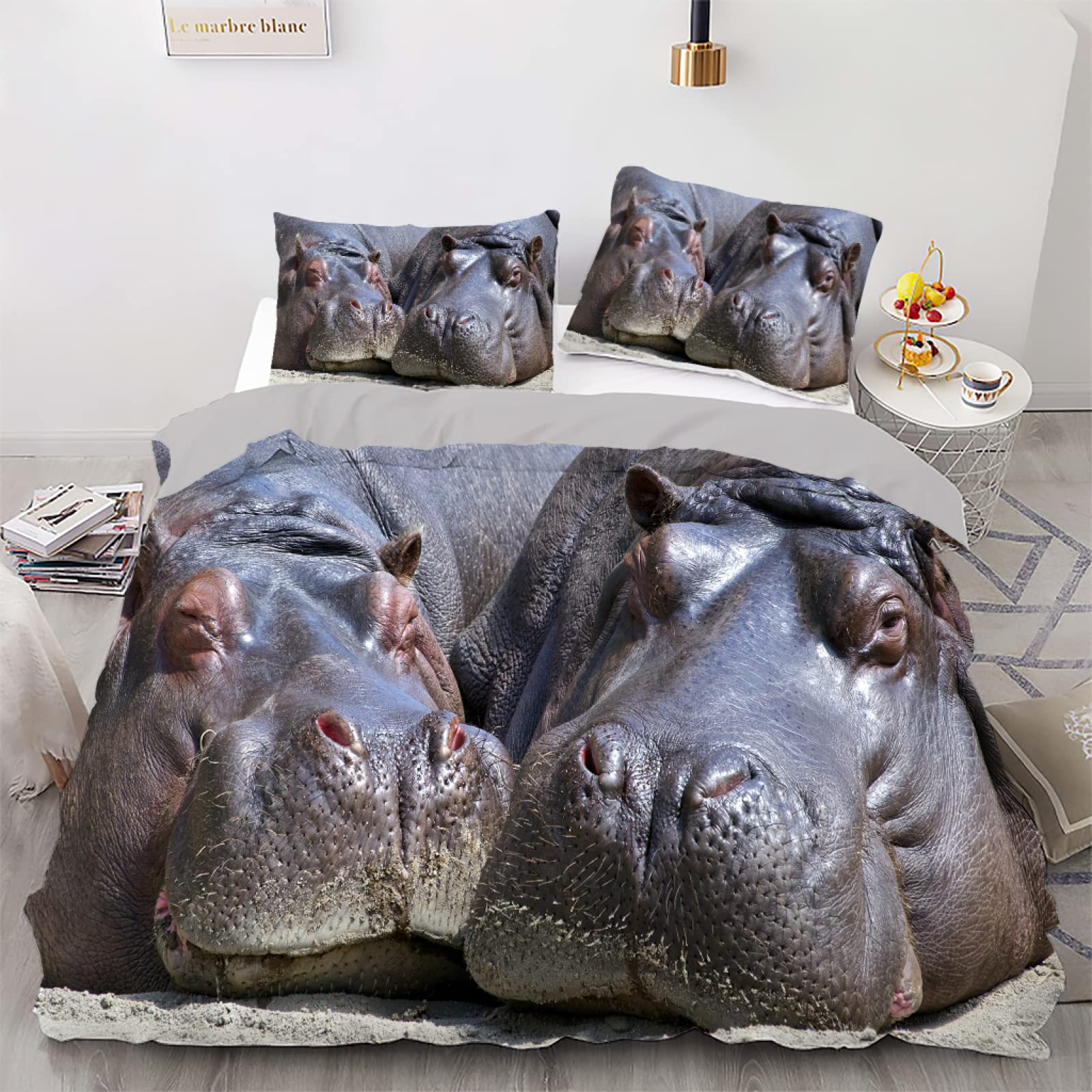 Parure de lit rhinocéros gris 200x200 anti-plis et facile à laver avec son zip