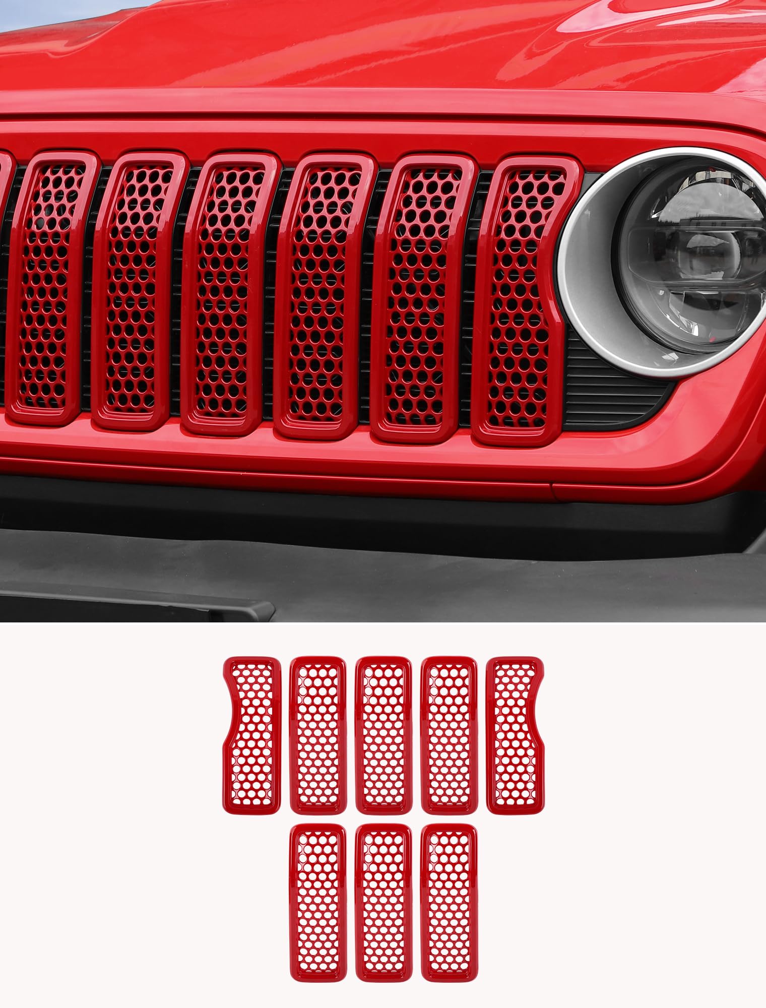 Savadicar Front Grill Inserts for 2024-2025 Jeep Wrangler JL JLU 4XE &amp; Gladiator JT - Elevate Your Wrangler's Aesthetics with Front Mesh Grille Cover Guard, Exterior Trim Accessories, 7 PCs, Red