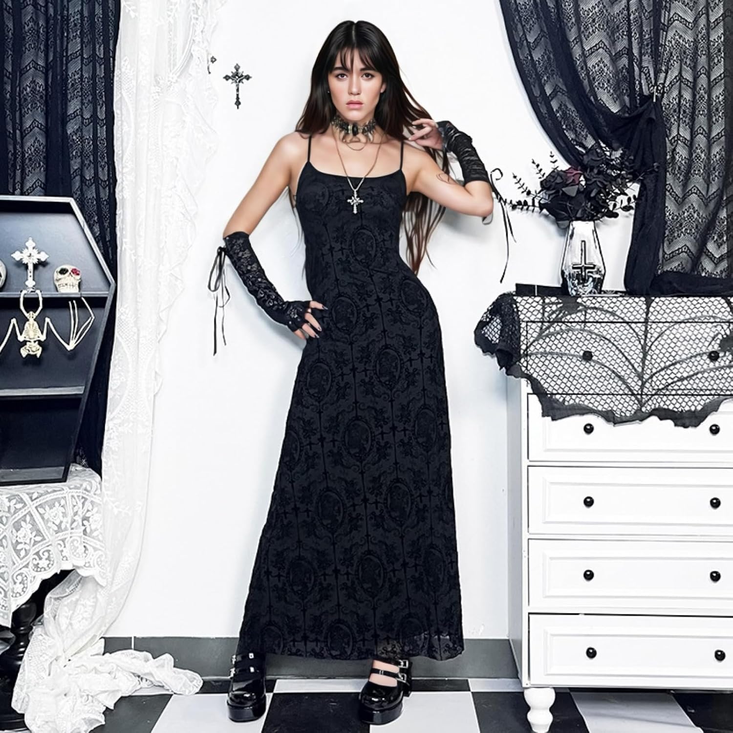 JUMISEE Women’s Sleeveless Velvet Gothic Maxi Dress Floral Corss Print Spaghetti Strap Bodycon Long Dress Goth Dresses - Image 3