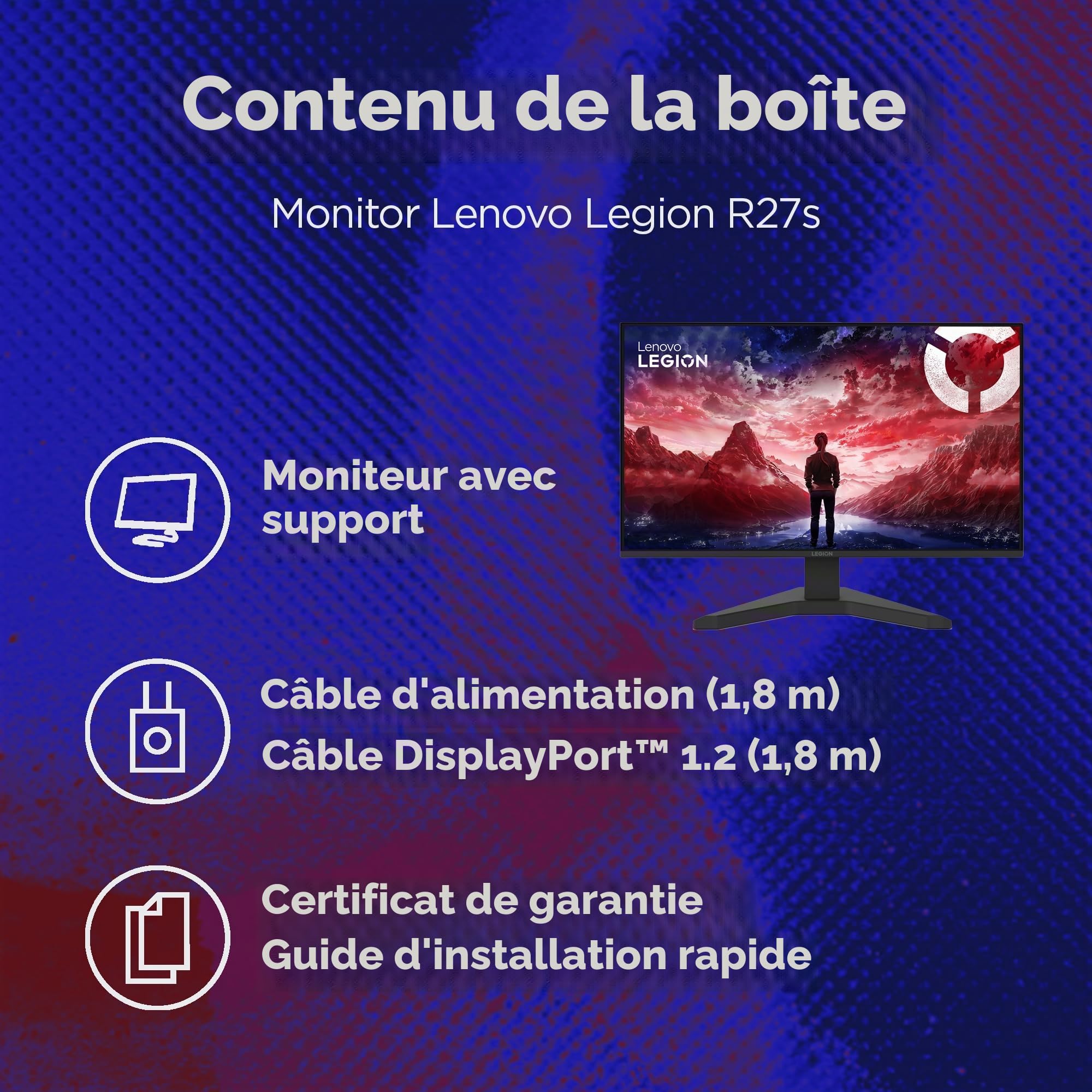 Lenovo Legion R27s - Écran 27'' FHD (1920x1080, IPS, 144 Hz, 1 ms, 1x HDMI+DP, 99% sRGB, Cable HDMI) - Noir Raven