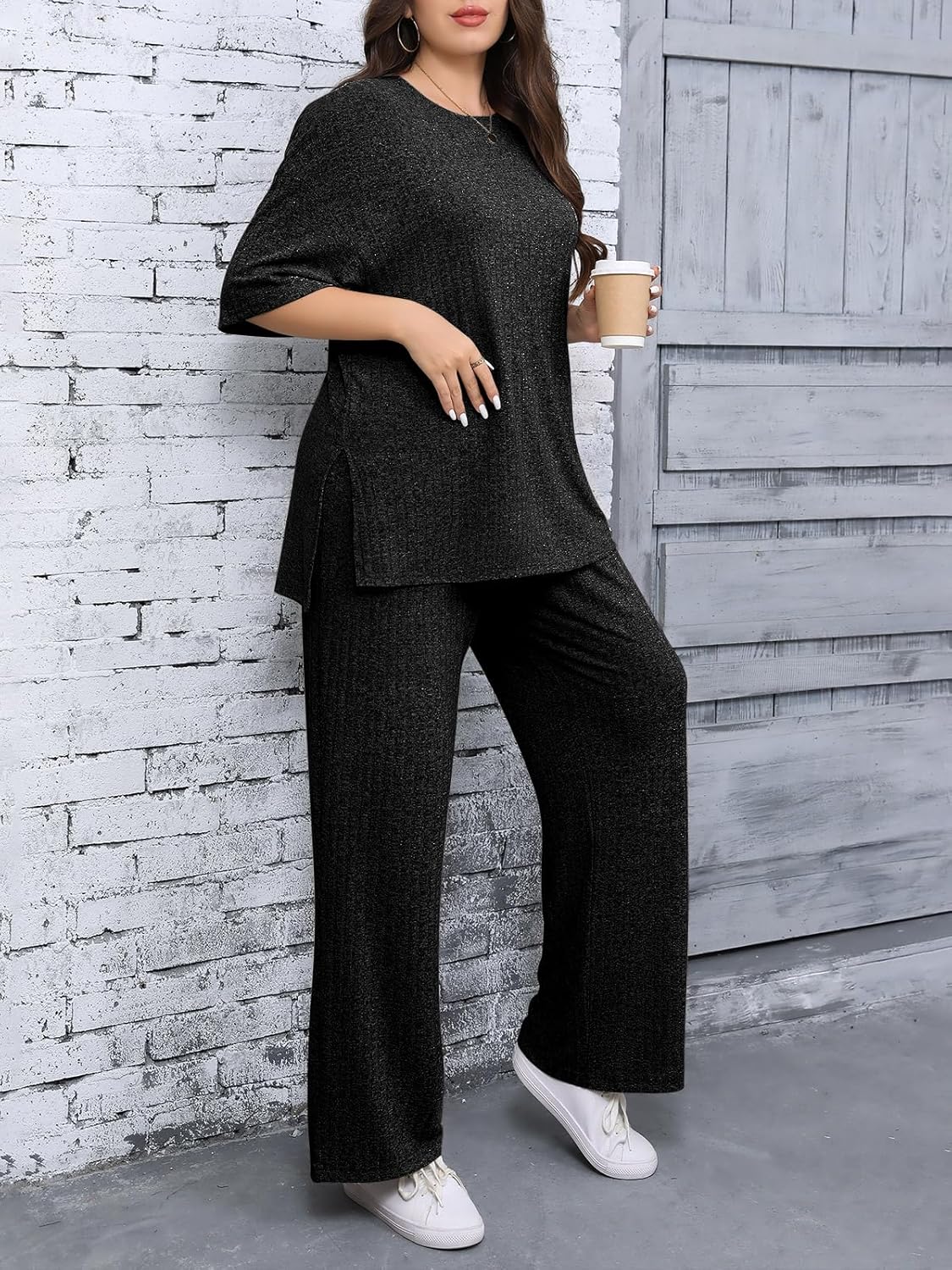 Beautife Womens Plus Size 2 Piece Lounge Sets Ribbed Short Sleeve Tops and Wide Leg Pants Set Travel Airport Outfits - Image 3