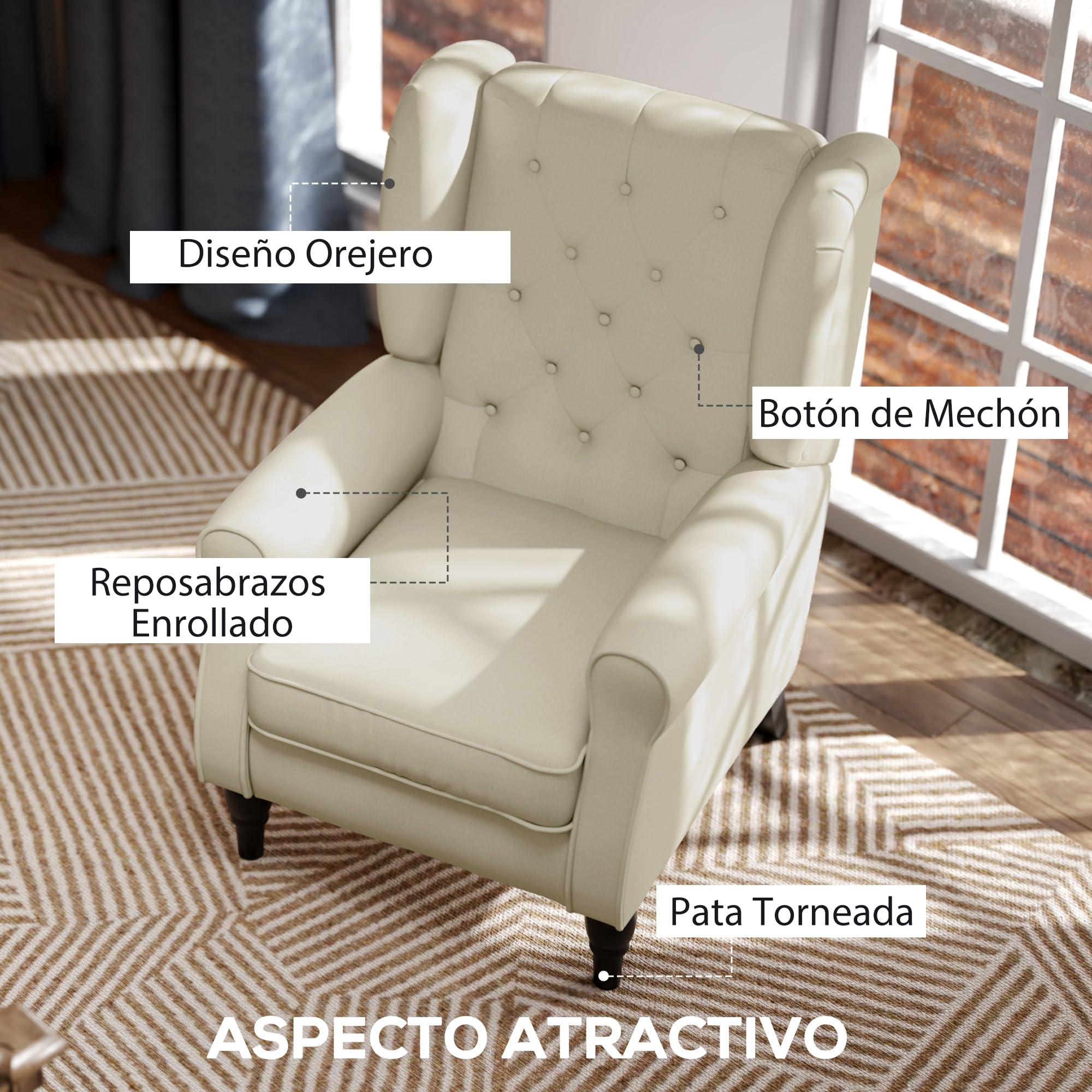 HOMCOM Sillón Orejero Moderno, Butaca de Salón con Reposabrazos y Patas de Madera, Sofá Individual Carga 160 kg para Oficina, Sala de Estar y Dormitorio, Crema