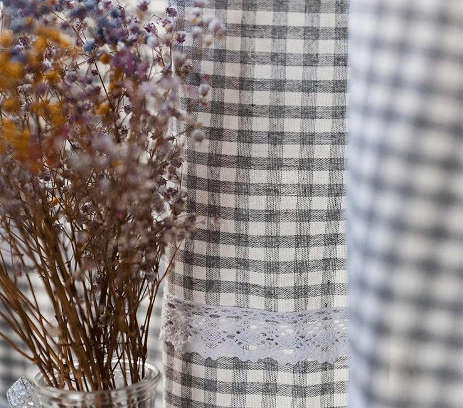 A.Monamour Short Curtain for Small Window Tab Top Grey Checkered Plaid Cotton Linen Opaque with Lace Window Valance Panel Drapes Half Curtain for Kitchen Café Bedroom Cabinet Curtain Door Curtain