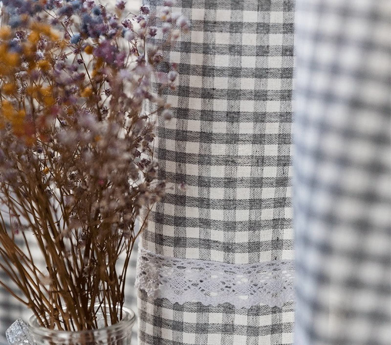A.Monamour Gardine Scheibengardinen Kurzstores Tab-Top Grau Kariert Baumwolle Leinen Blickdicht Mit Spitze Kurzvorhang Kurzgardinen Küchengardine Küche Vorhang Fenster Kurz Stores Bistrogardine