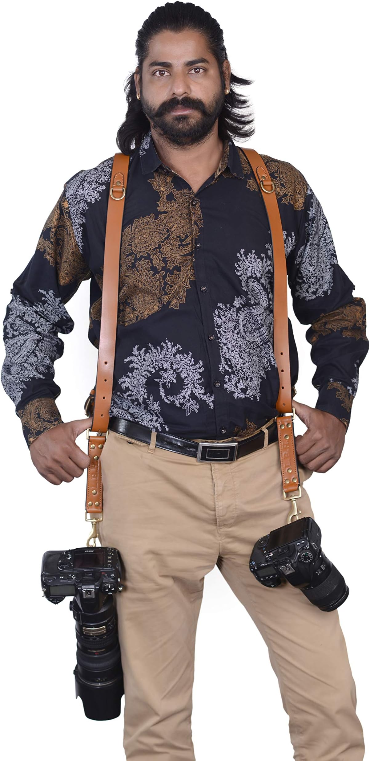 LBH Camera Strap Accessories for Two-Cameras – Dual Shoulder Leather Harness – Multi Camera Gear for DSLR/SLR Light Brown