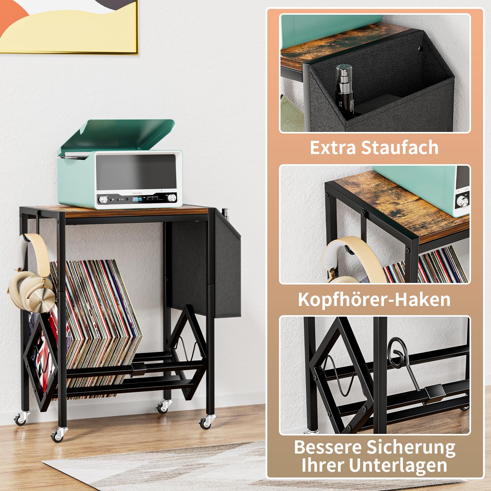 EKNITEY Vinyl Schallplatten Aufbewahrung Ständer - 80-Platten Retro Stahl-Holz Ständer mit organisierendem Stoffbeutel für Plattenspieler und mehr (Schwarz)