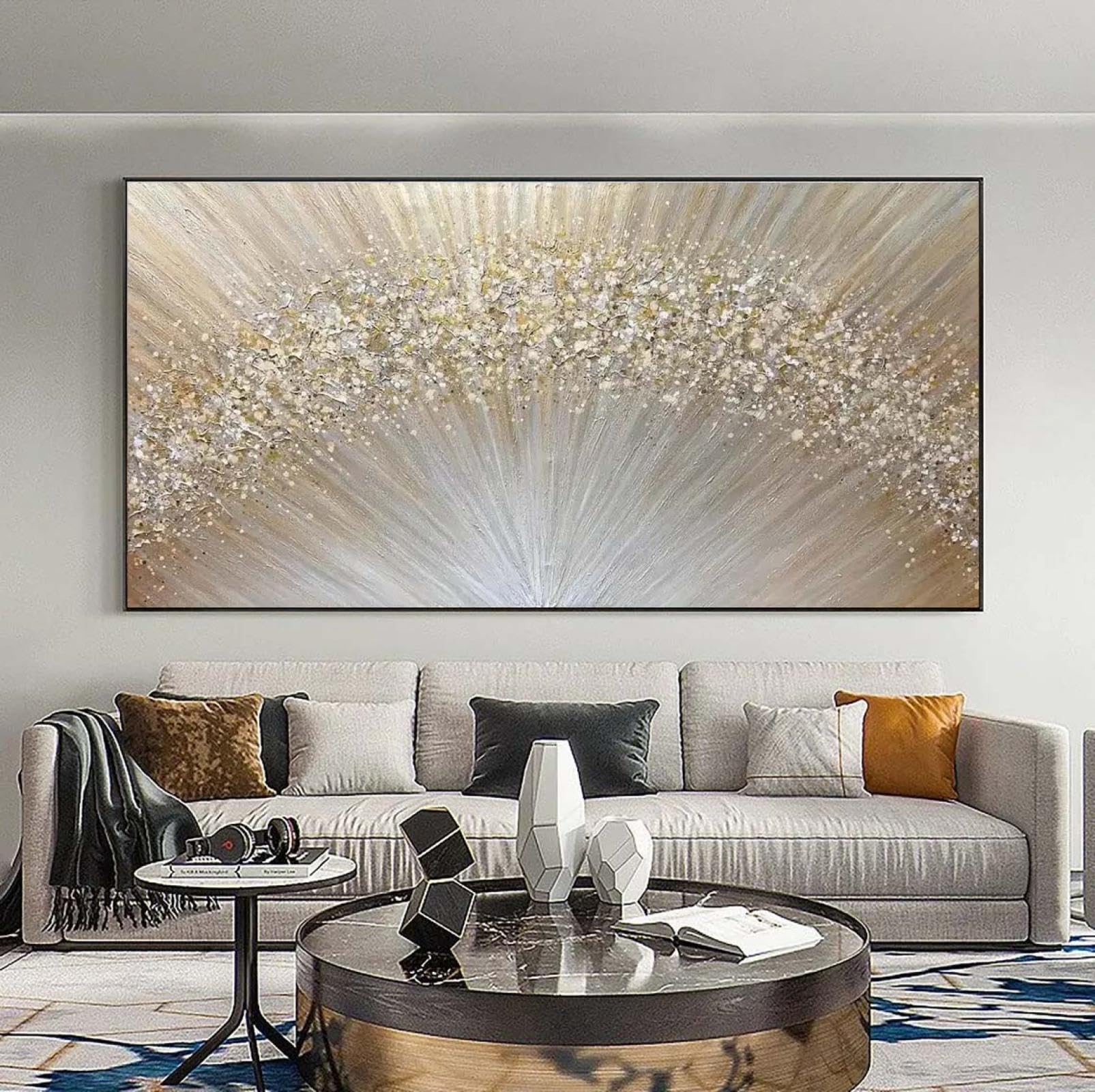 18meng Art Nordic Abstrakte Leinwand Bilder Gold Wohnzimmer Modern Luxus Sonnenaufgang Gold Kunstdruck Bilder Wandbilder Abstrakt Leinwandbild (140x70 cm, Mit Rahmen)