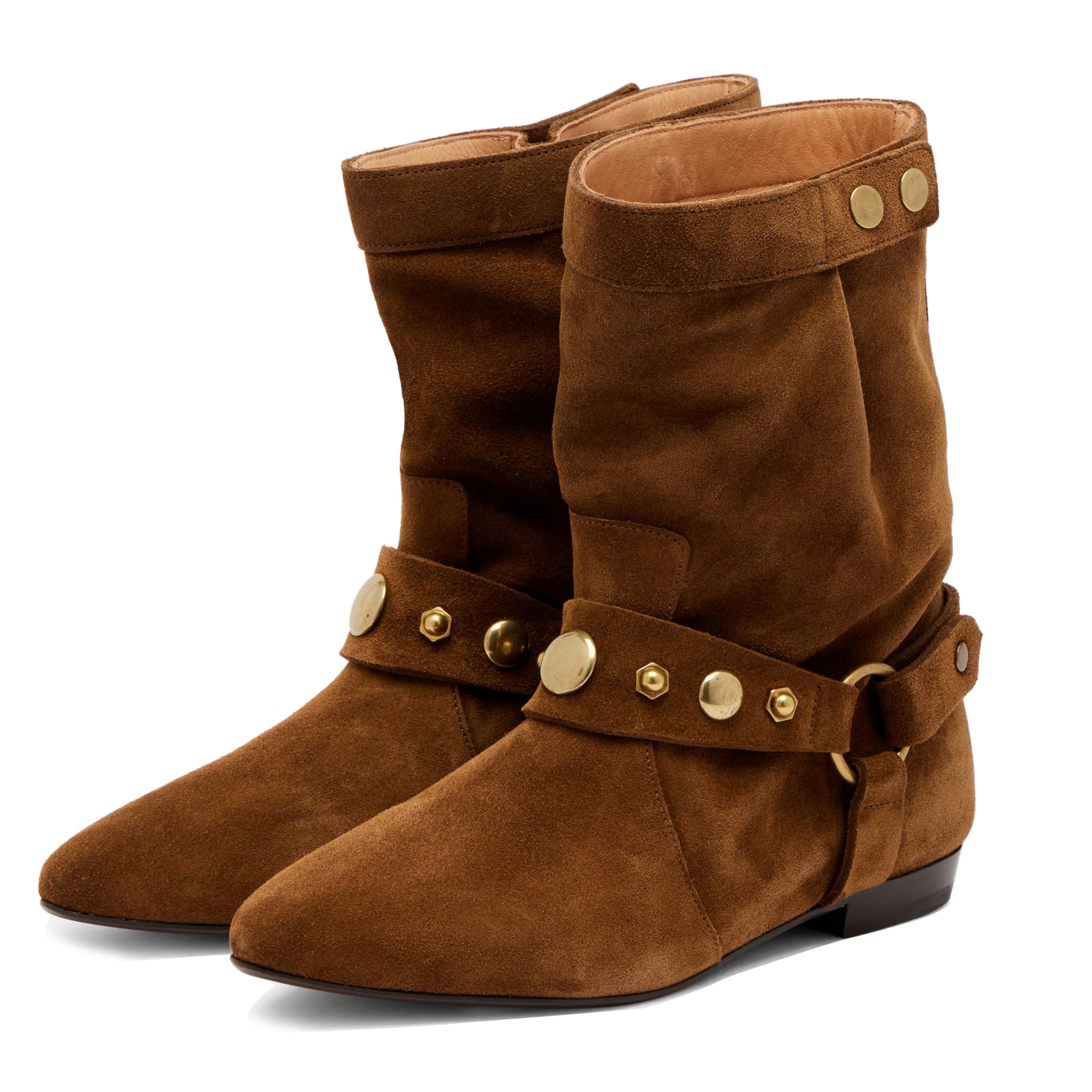 Goolita Suede Studded Ankle Boots For Women Pointed Toe Low Chunky Heel Biker Boots Comfy Slip On Boho