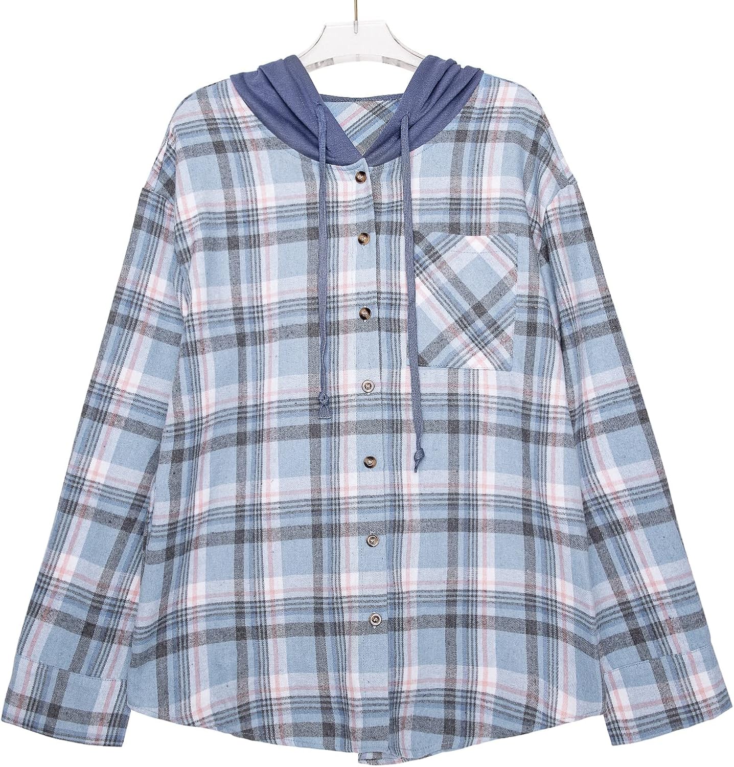 Women Plaid Hooded Shirt Drawstring Flannel Sweatshirt Hoodie Jacket Casual Button Down Blouse Tops with Pocket - Image 4