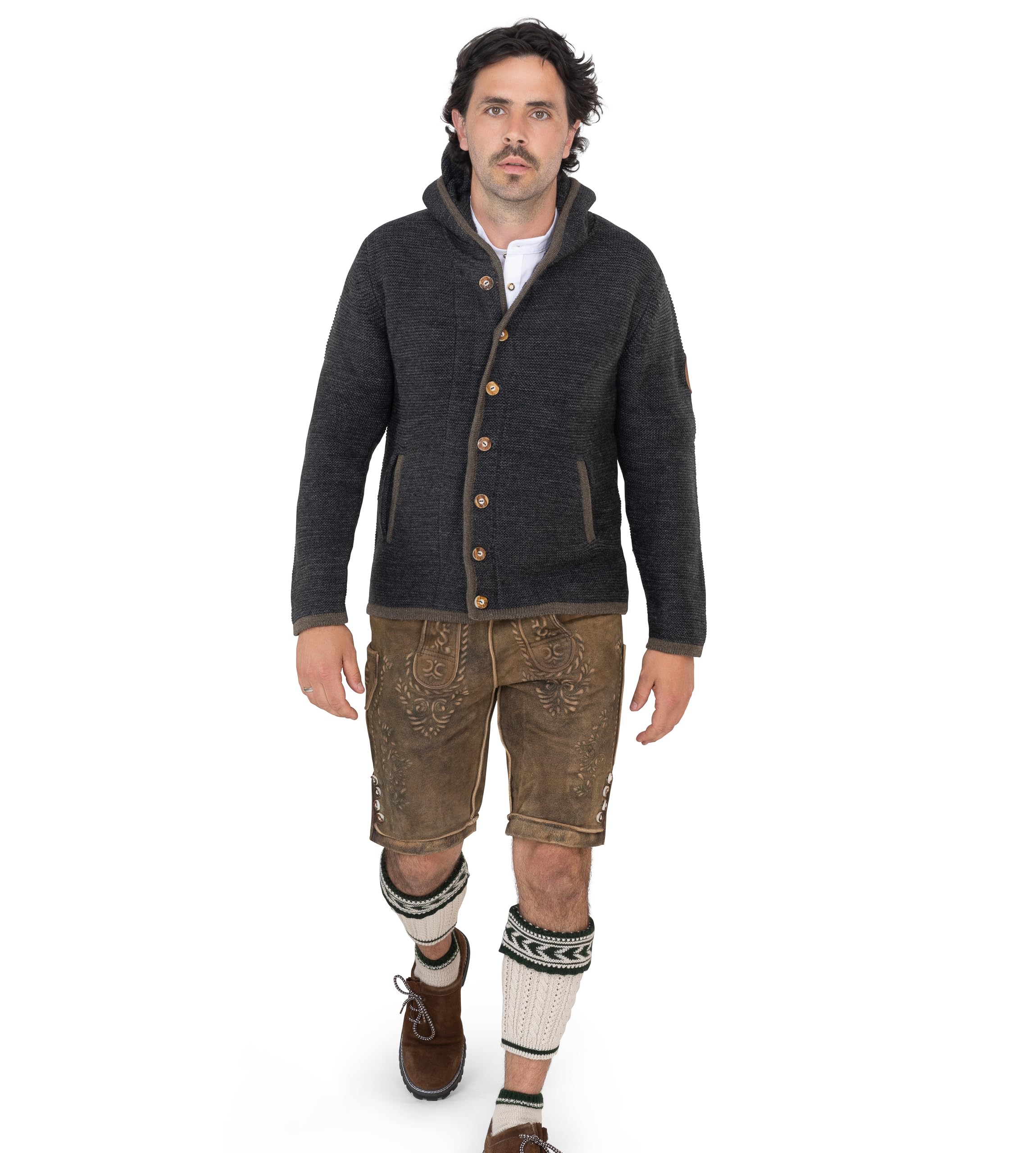 Herren Trachtenjacke mit Kapuze – Trachten-Strick-Jacke aus Wolle – Hoodie Strickjacke Grau/Anthrazit Cardigan - Arvid