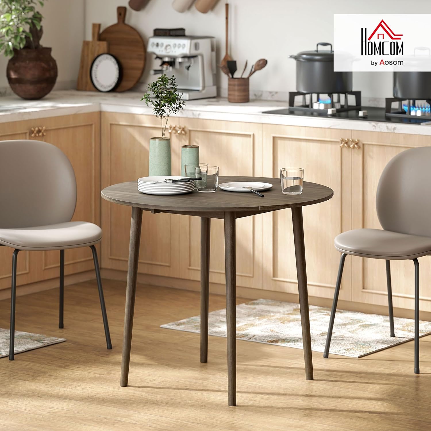 HOMCOM Folding Dining Table for 4, Round Drop Leaf Table, Modern Space Saving Small Kitchen Table with Wood Legs for Dining Room, Grey - Image 2