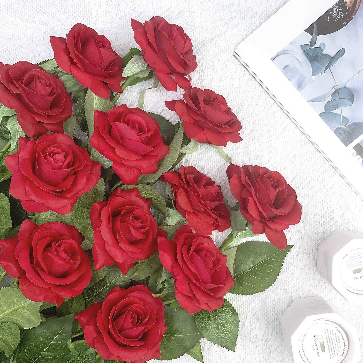 12 Stems Artificial Flowers Silk Roses Fake Flowers Bridal Wedding Bouquet，Realistic Blossom Flora for Home Garden Party Hotel Office Decoration (Red)
