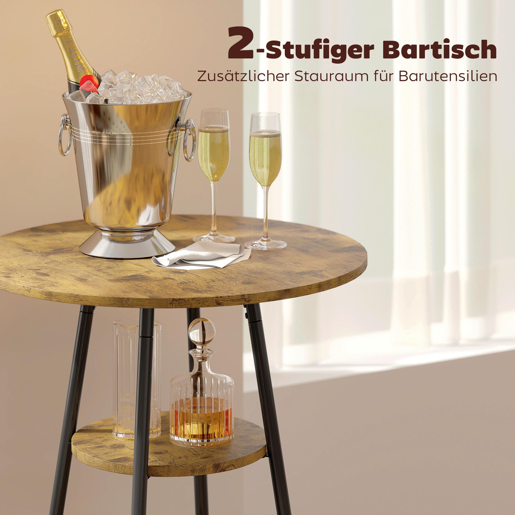 HOMCOM Bartisch mit Barhocker-Set Esstisch mit 2 Gepolsterten Stühlen mit Fußstütze, Metallrahmen, Industrial Bartisch Set Küchetisch mit Ablage für Esszimmer, Kleine Raum, Rustikal-Braun