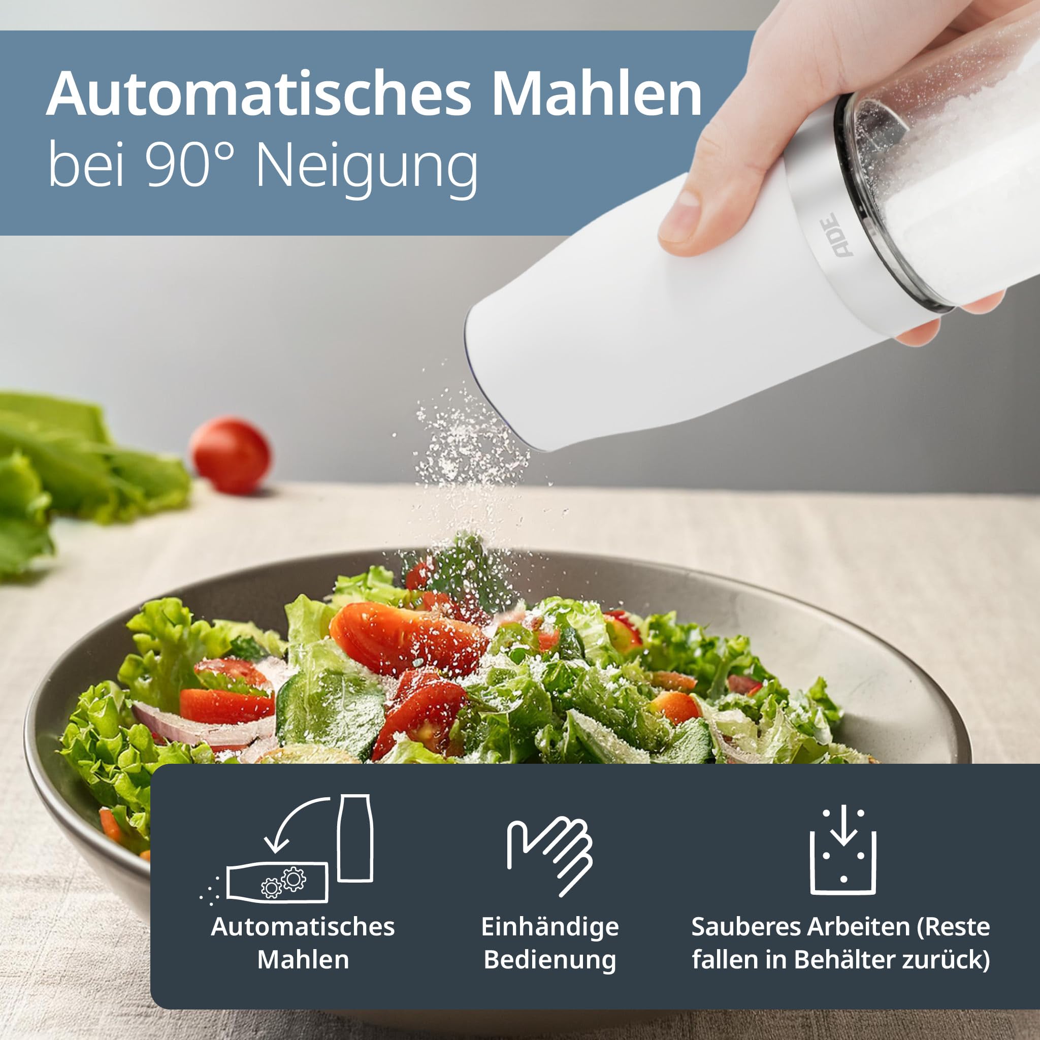 ADE Salz und Pfeffermühle elektrisch mit Kippsensor 2er-Set | Gewürzmühle mit Keramikmahlwerk | stufenlos einstellbar | Salz, Pfeffer, Chili, getrocknete Kräuter | Kräutermühle | mit LED-Beleuchtung